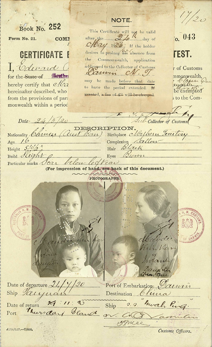 Certificate Exempting from Dictation Test for Maudie Kim Kow, 1920. Photo: National Archives of Australia. Photo Search: E752, 20/24 . http://www.naa.gov.au/collection/snapshots/chinese-australians/kim-kow.aspx