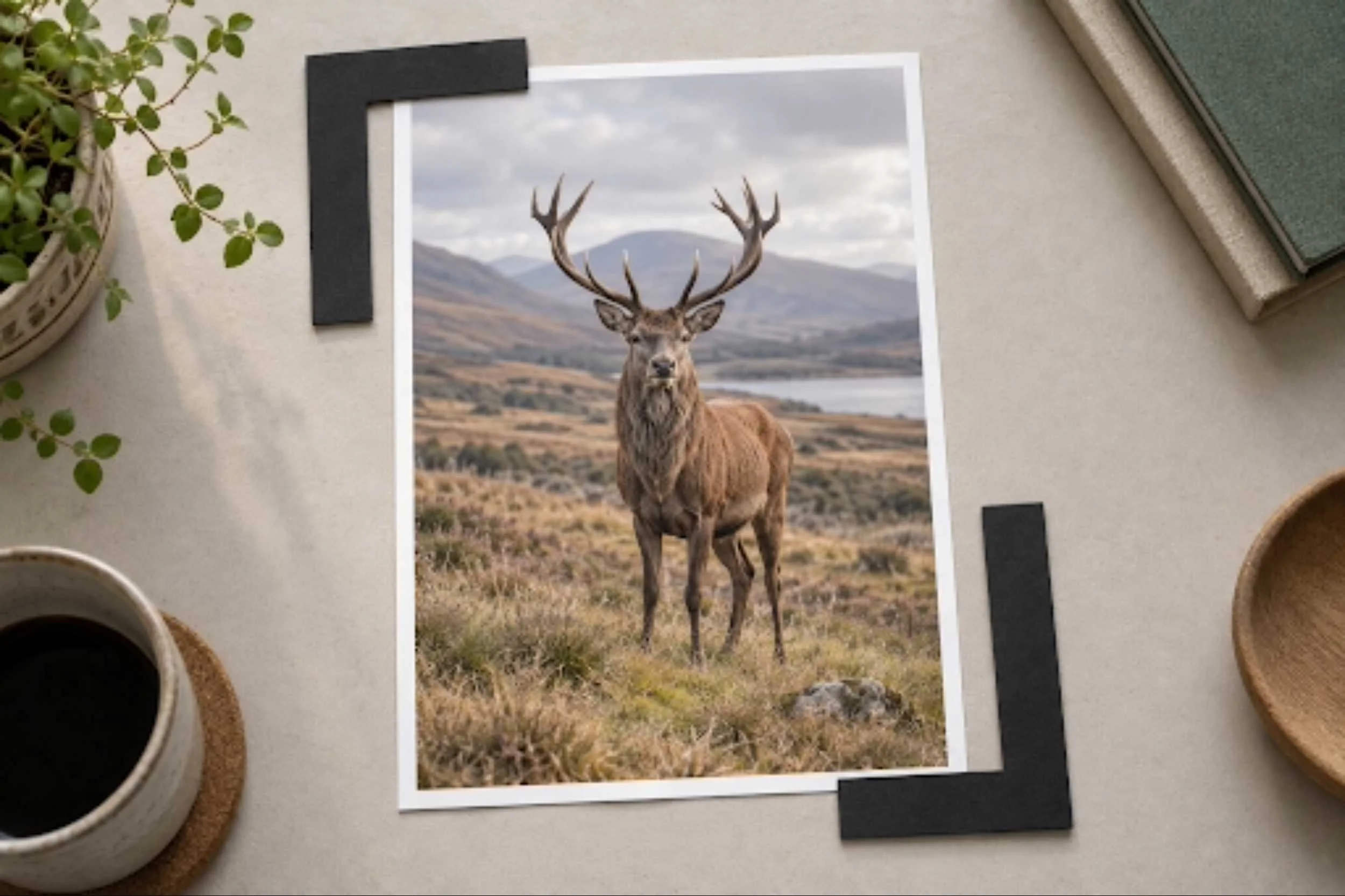 Print of stag photo lies on table