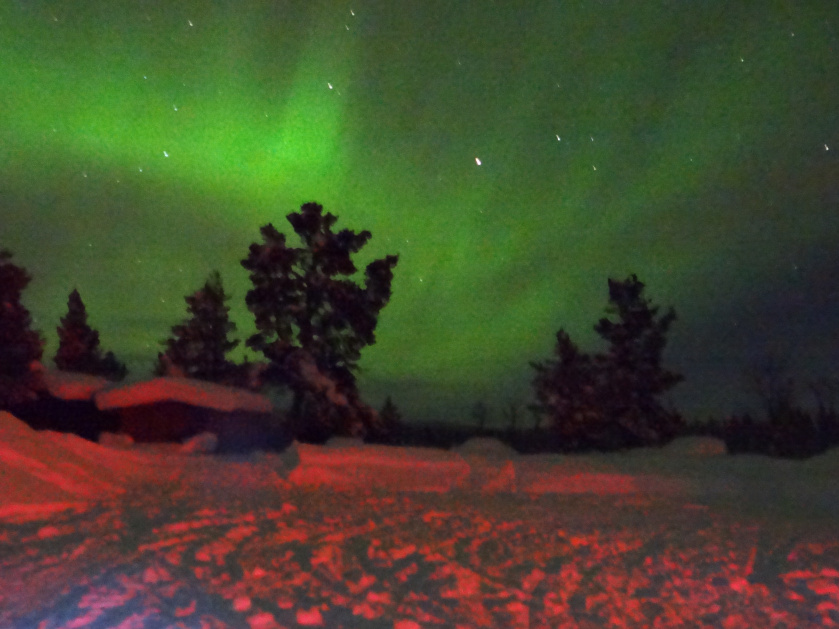 The green bit is the northern lights, the red bit is the brake lights.