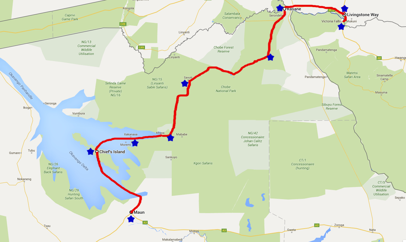 My route from Maun to Victoria Falls
