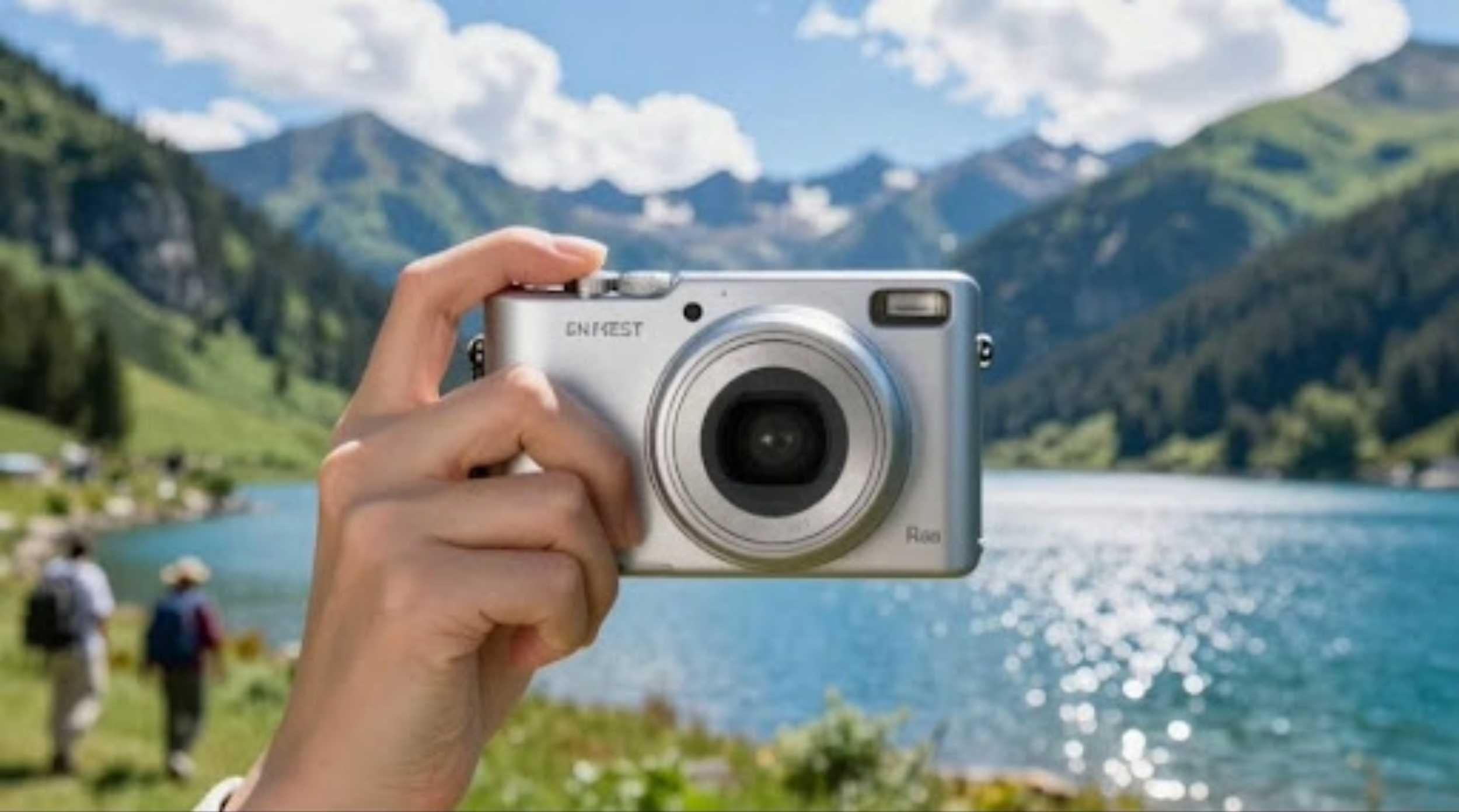 Hand holding silver compact travel camera near lake