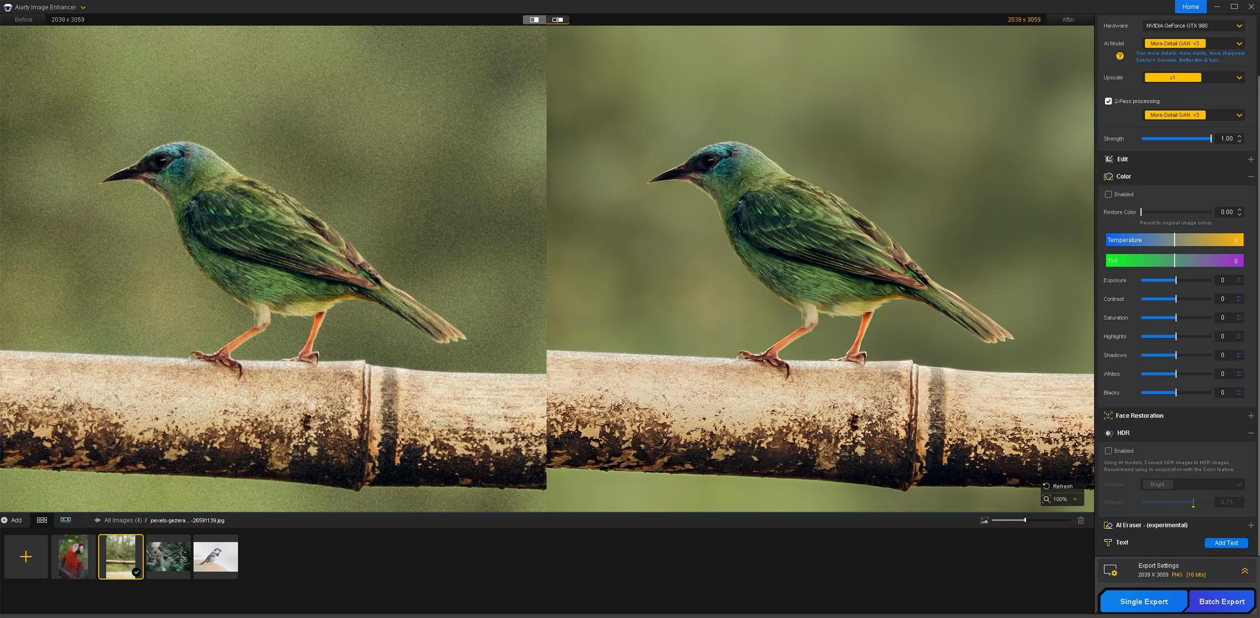 Remove noise from bird photos with Aiarty