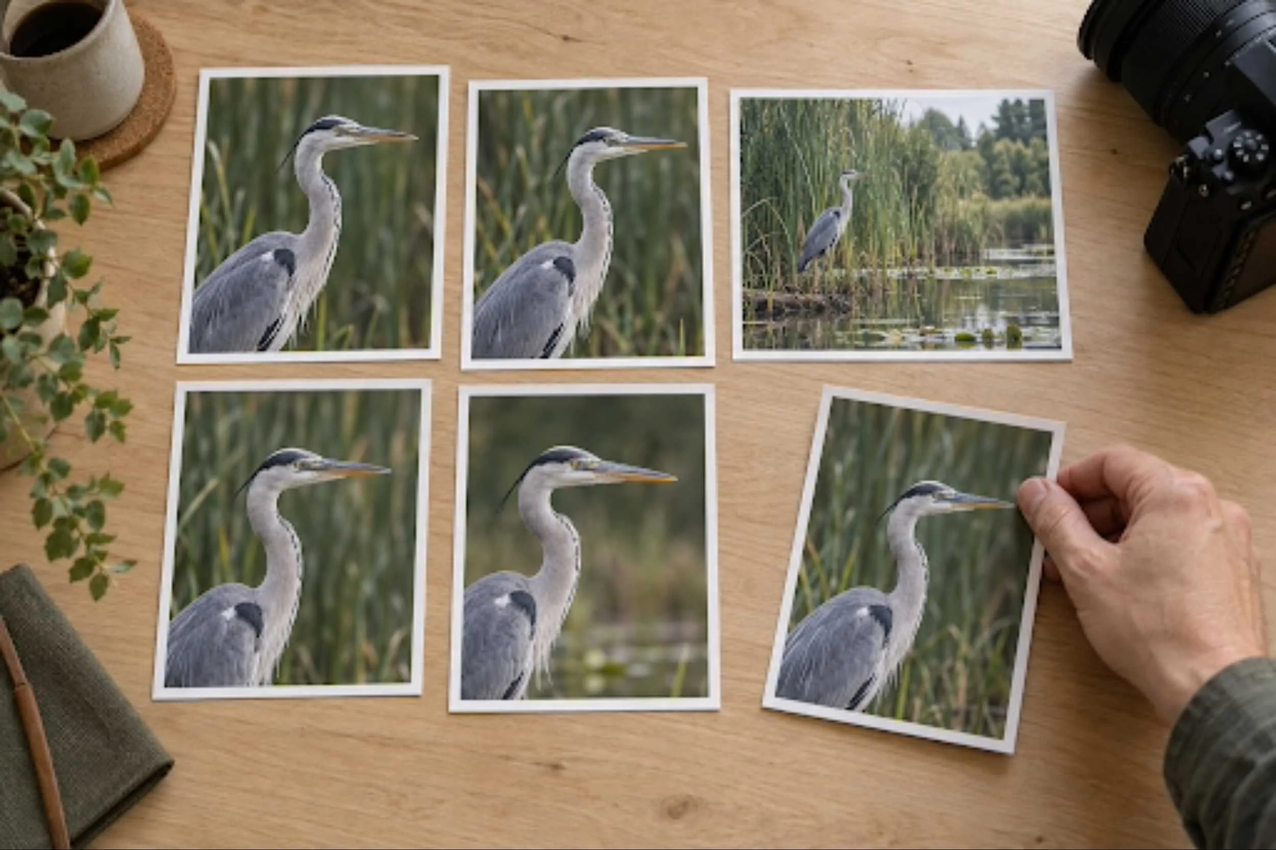 Sequence of heron photos on layout board