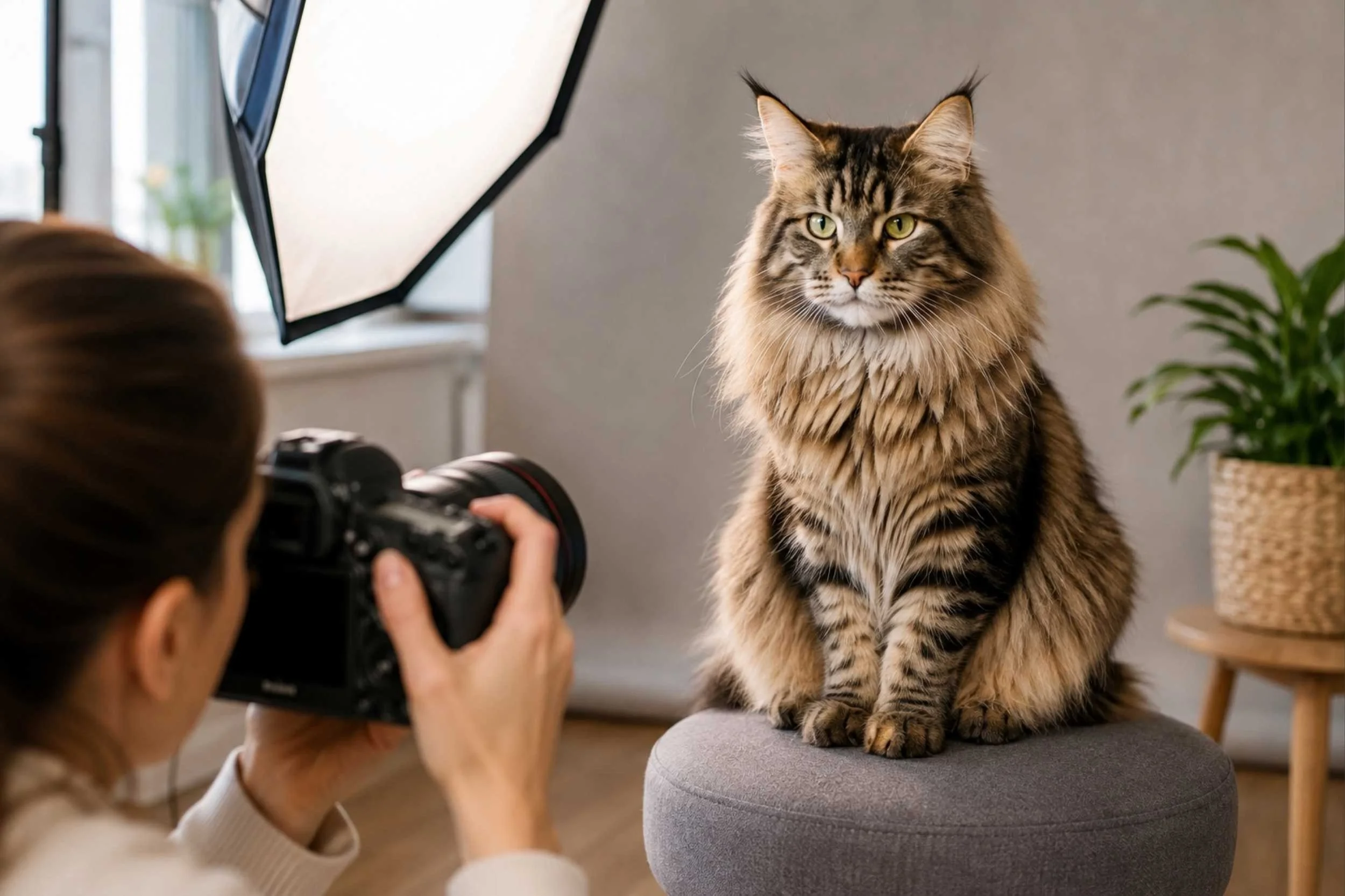 Woman photographs cat on stool