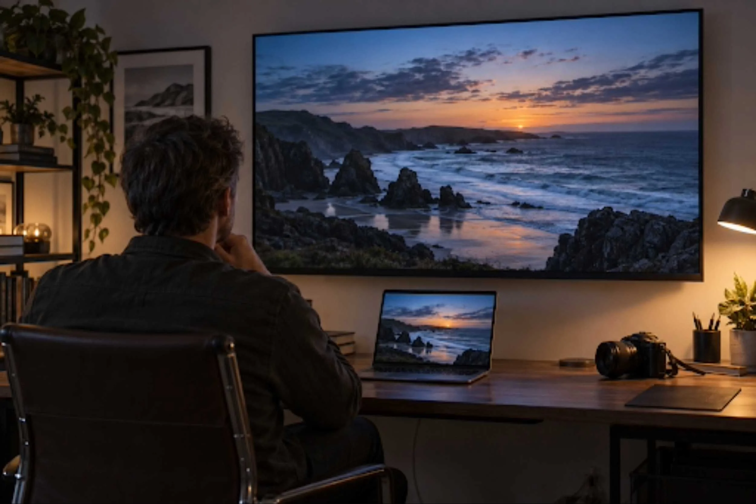 Man sits looking at sunset photo on computer monitor