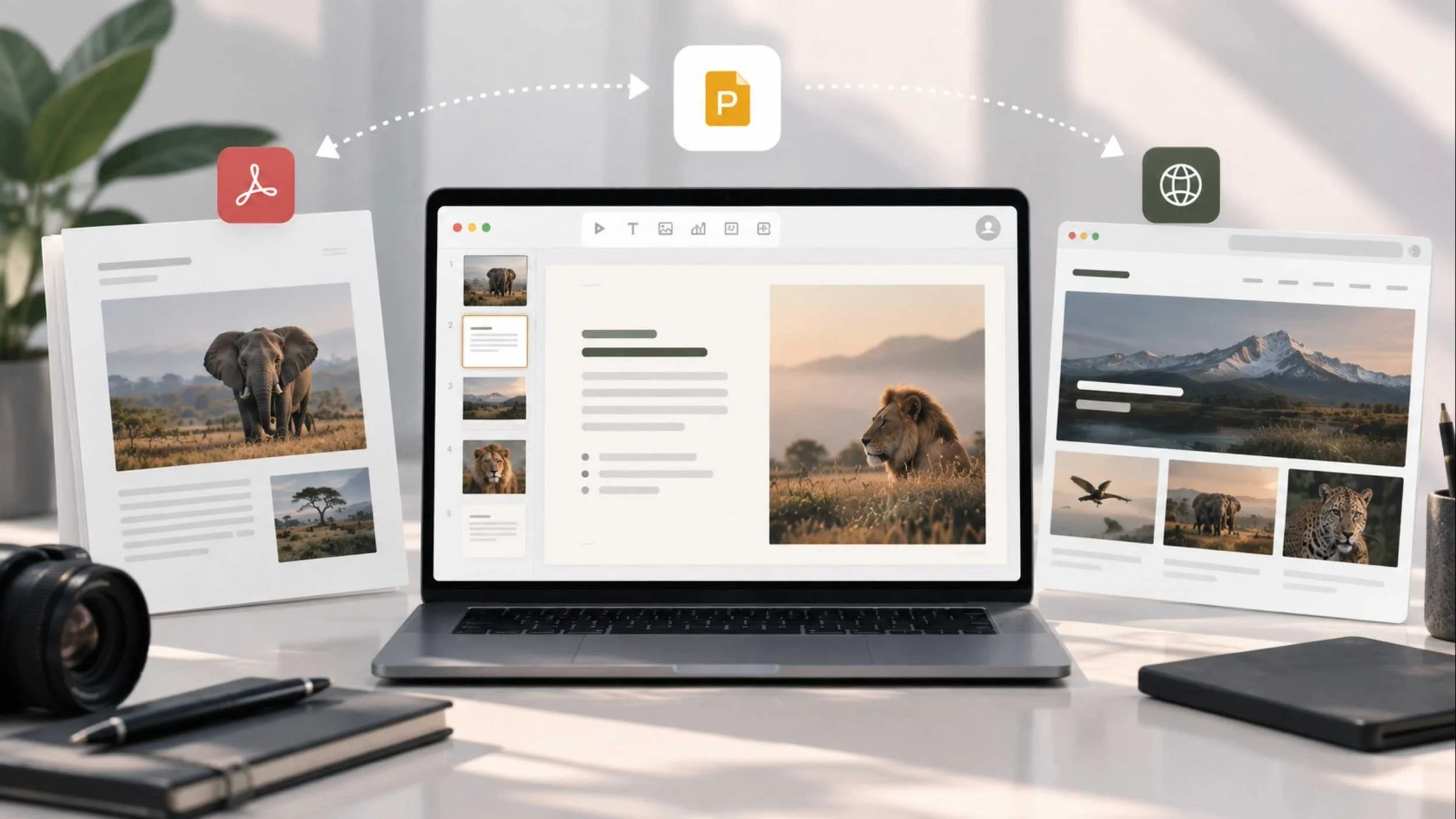Laptop screen on desk showing lion picture