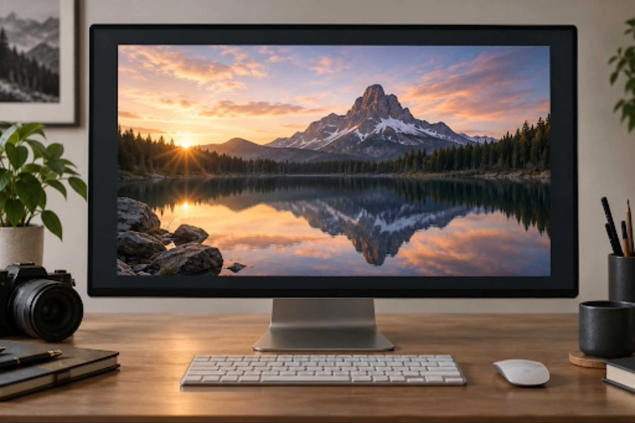 Computer on desk shows photo of mountain and lake