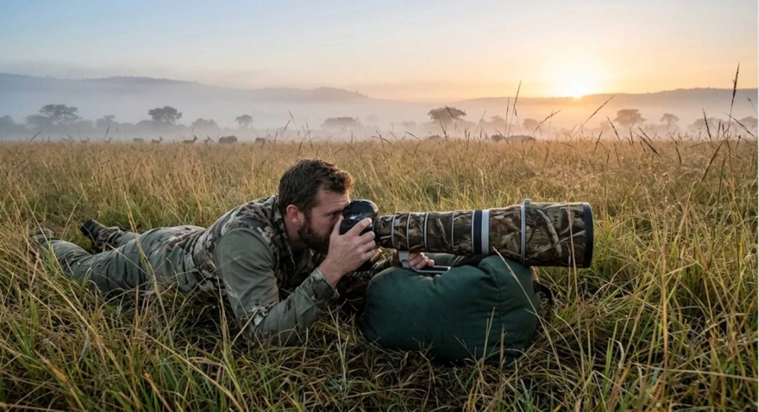 Close-up of male photographer lying in grass with camera