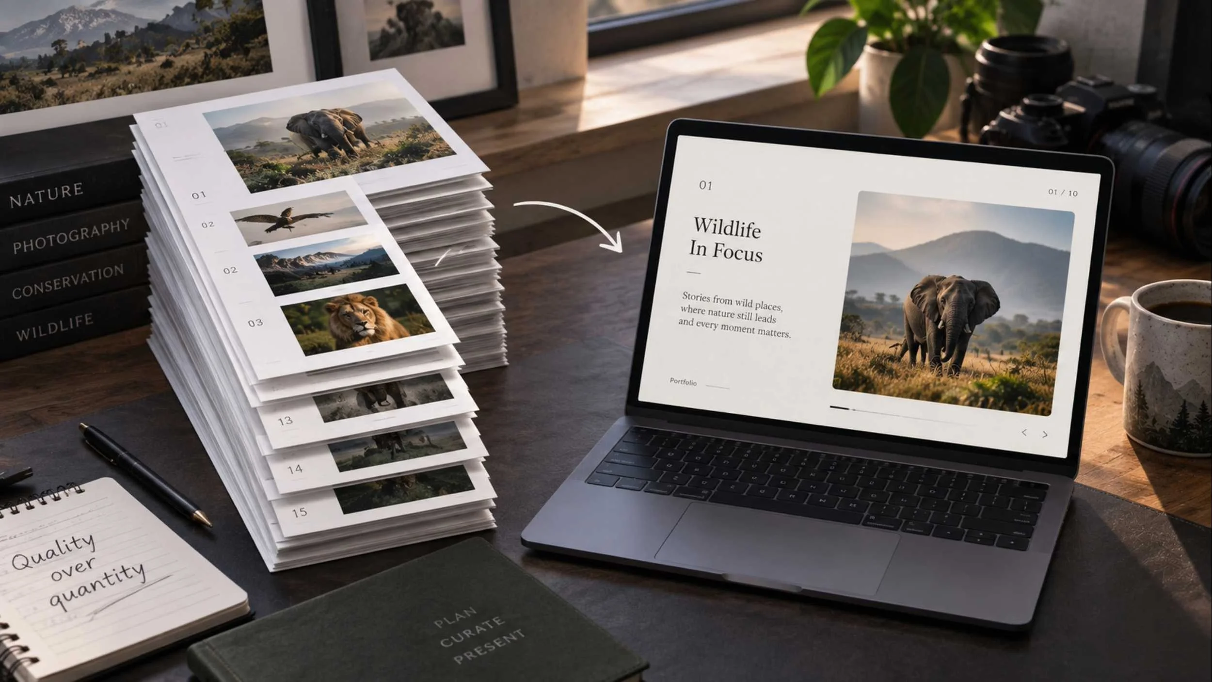 Laptop screen on desk showing African elephant