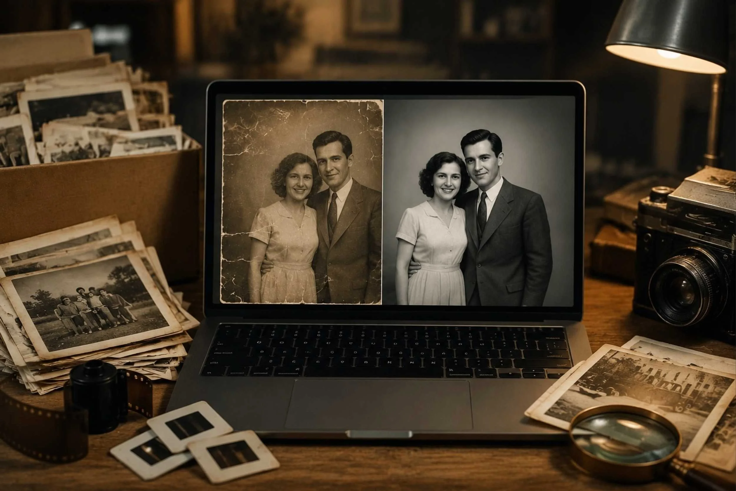 Laptop shows two versions of old photos