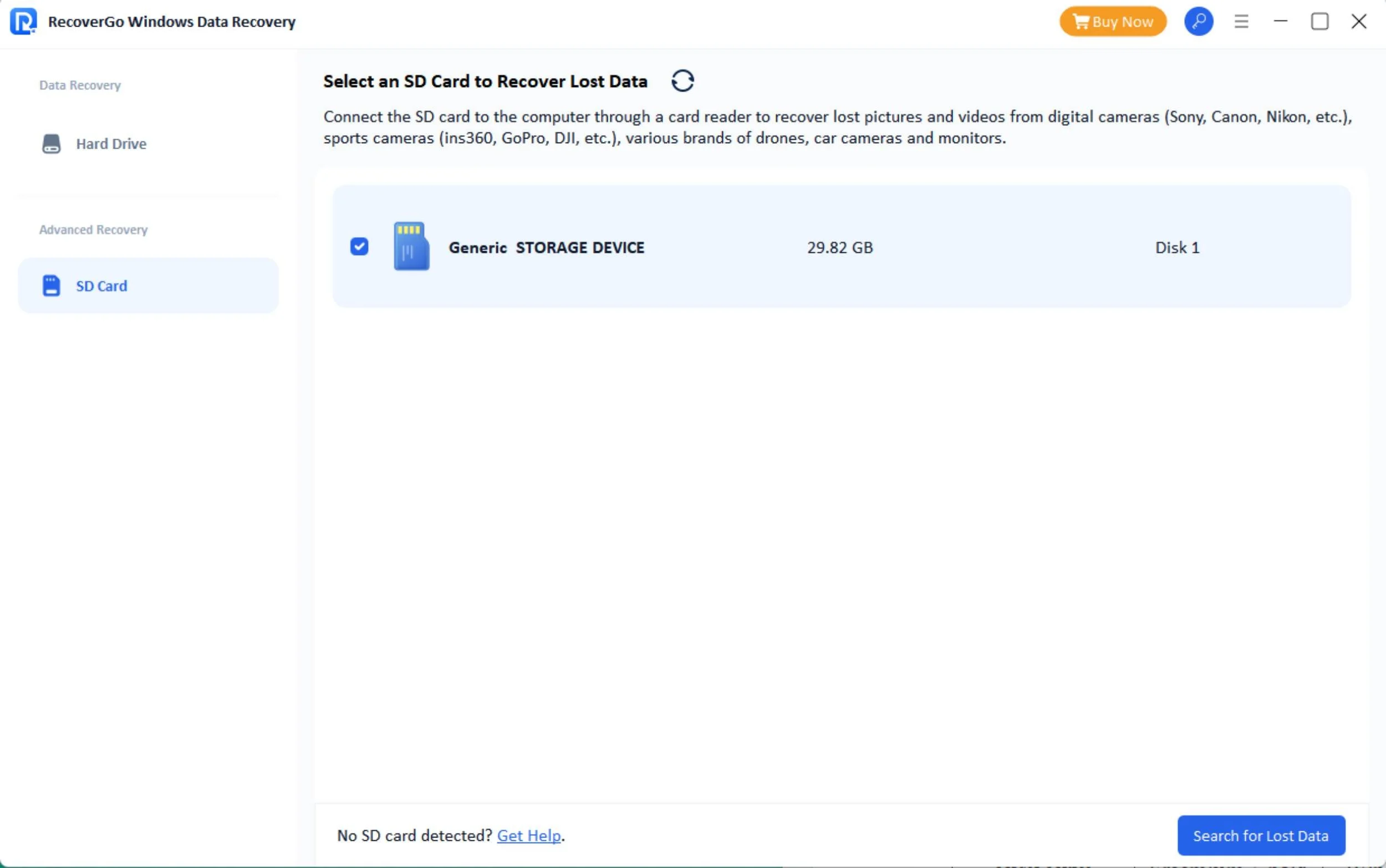 Select the SD card for Canon photo recovery in RecoverGo