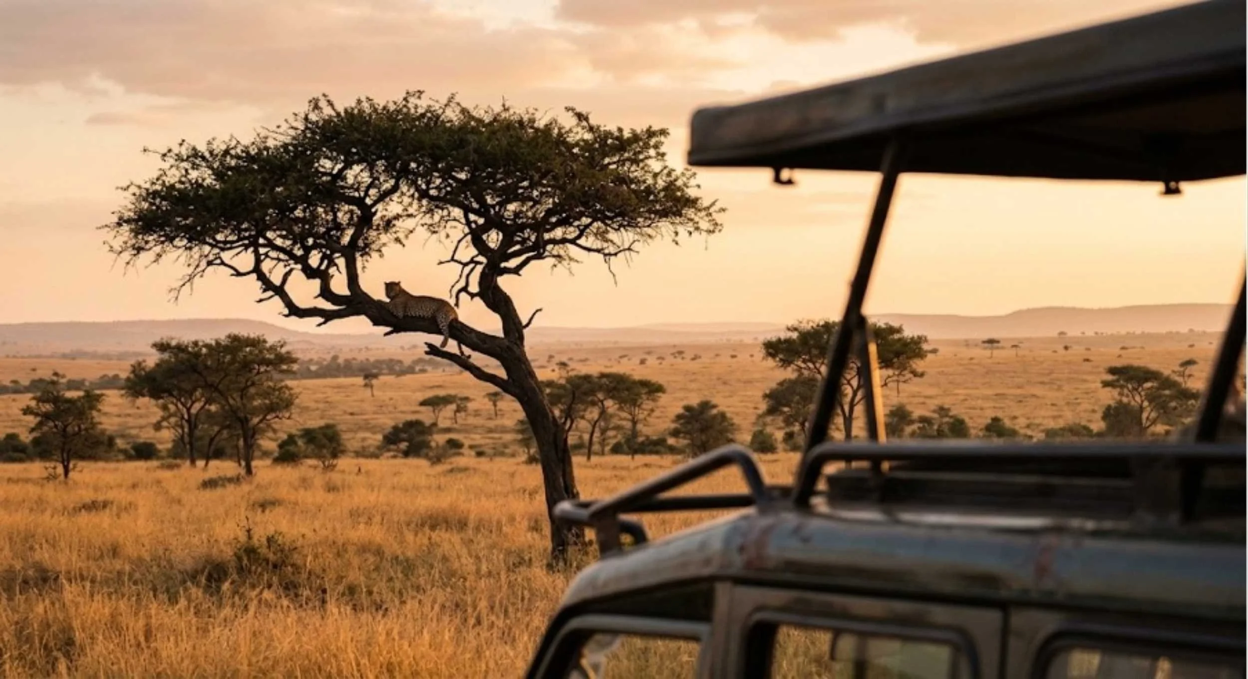Leopard in tree seen from safari truck