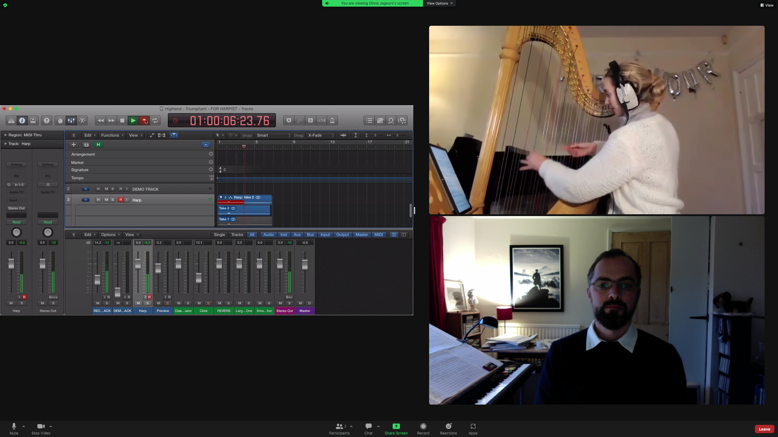 Remote recording session with Olivia Jageurs, Harp.