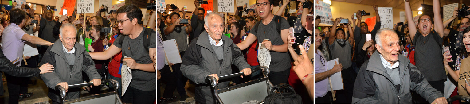  PROTEST AGAINST PRESIDENT TRUMP’S MUSLIM TRAVEL BAN AT LAX, 2017. After being detained all day by airport officials, a senior Muslim man who had flown in from the MidEast is finally released to cheering crowds. 