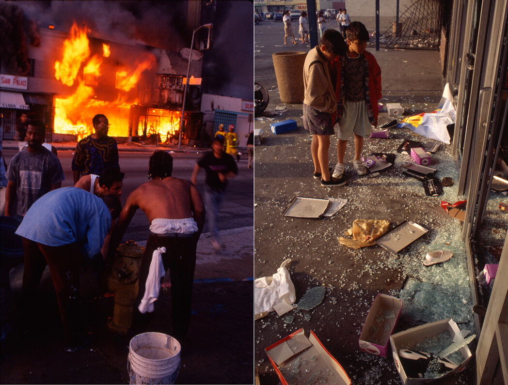  RODNEY KING RIOTS 1992  Left: Street scene at the height of the unrest in South Central LA; Right: Two boys survey the damage outside a looted PayLess Shoe store in South Central LA. 