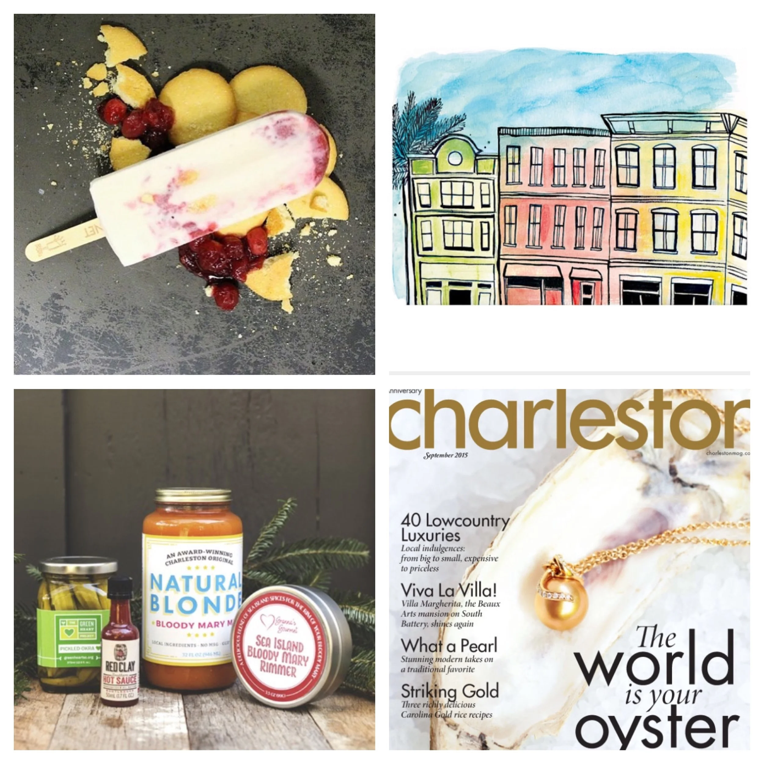 Clockwise: King of Pops Holiday Pack, Kristen Solecki King Street print, Green Heart "Be Mary" gift box, Charleston Magazine