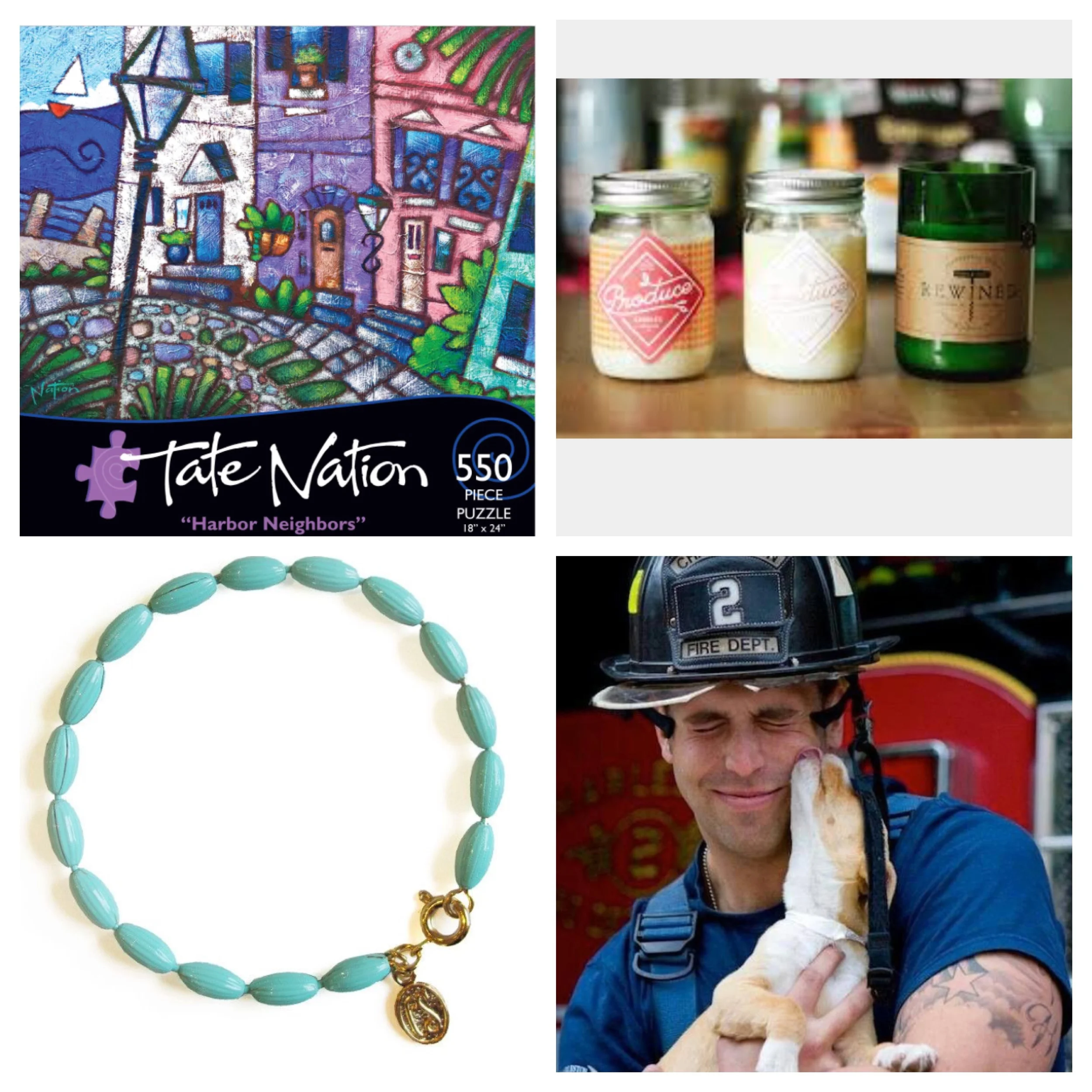Clockwise: Tate Nation Puzzle, Produce and Rewined Candles from Candlefish, Rice Bead Jewelry, Charleston Animal Society Fireman