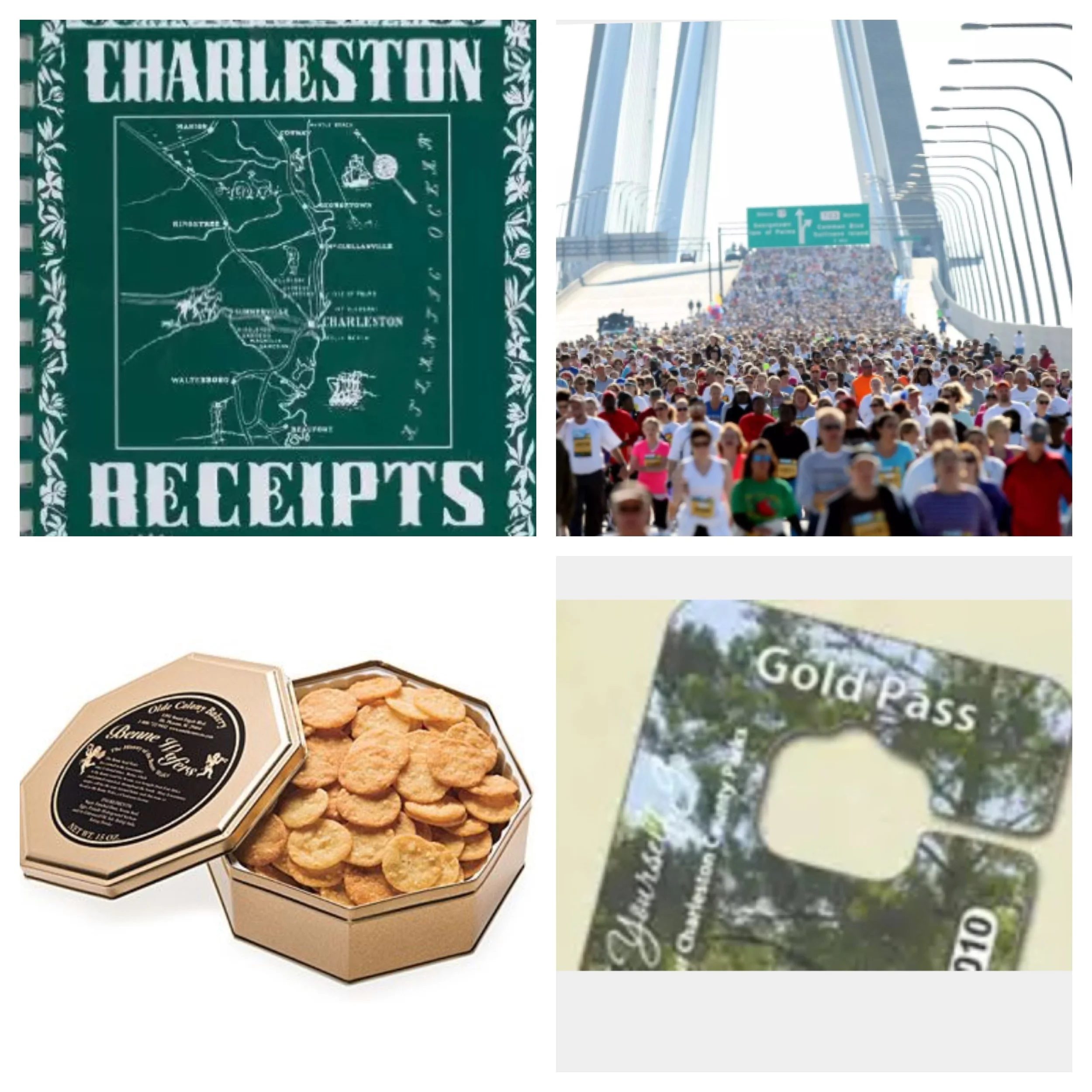 Clockwise: Charleston Receipts Cookbook, Cooper River Bridge Run, Olde Colony Benne Wafer Tin, Charleston County Park Pass