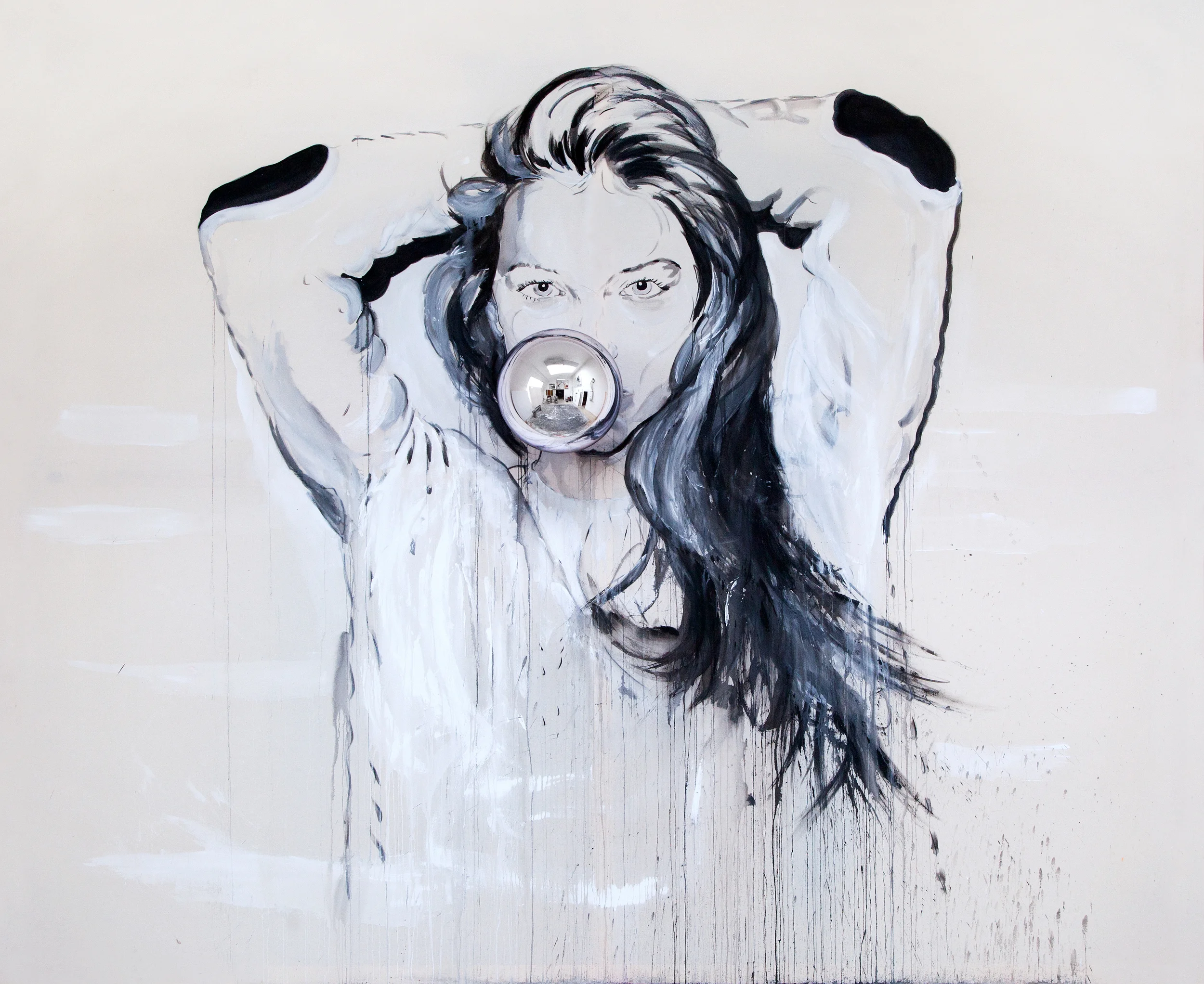 Girl with a Mirror Bubble Glass, 2014-2015, acrylic, charcoal, lacker, glass, canvas, 280 x 340 cm