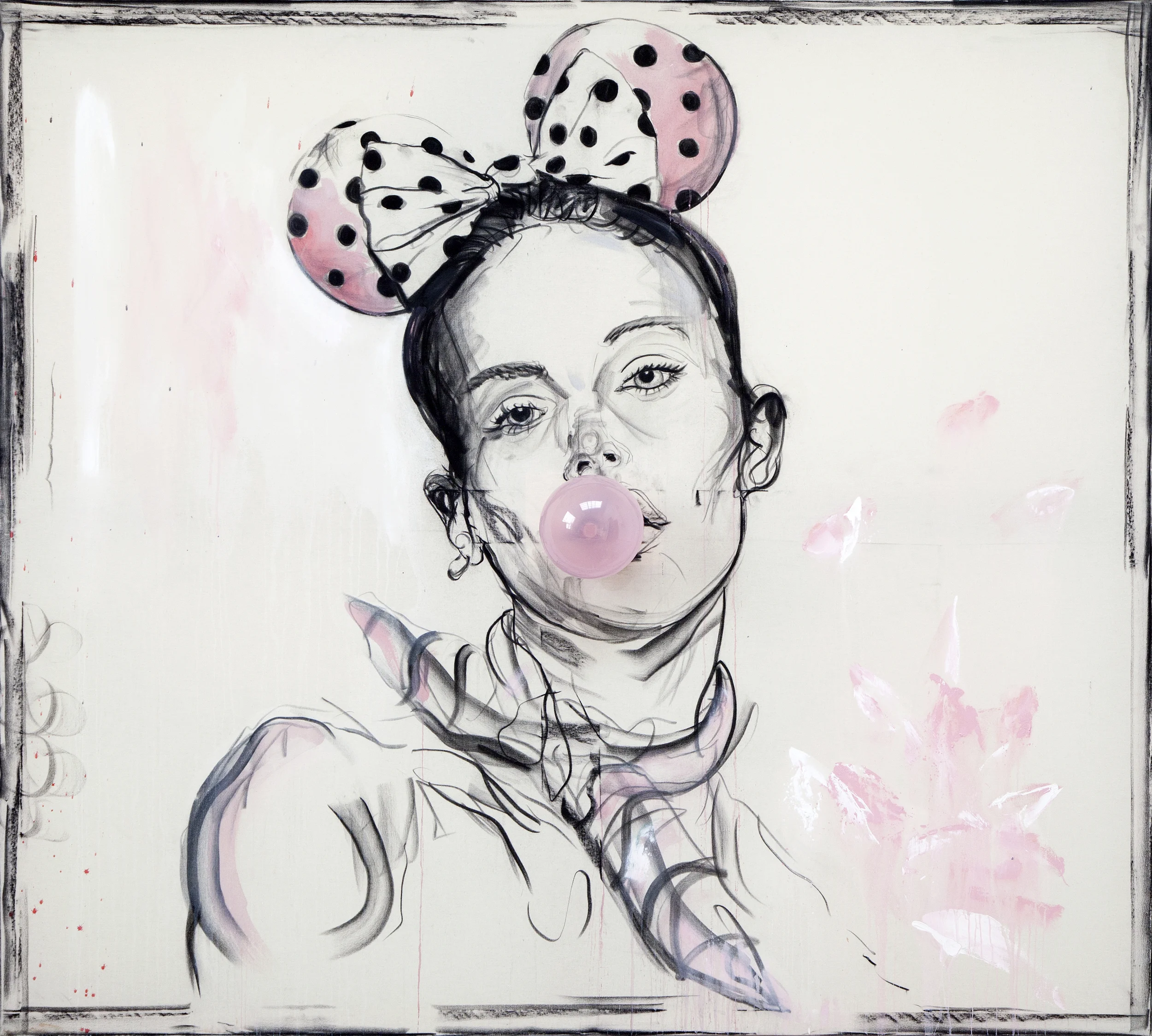 Pink Bubble Glass, 2015, acrylic, charcoal, lacker, glass, canvas, 180 x 200 cm