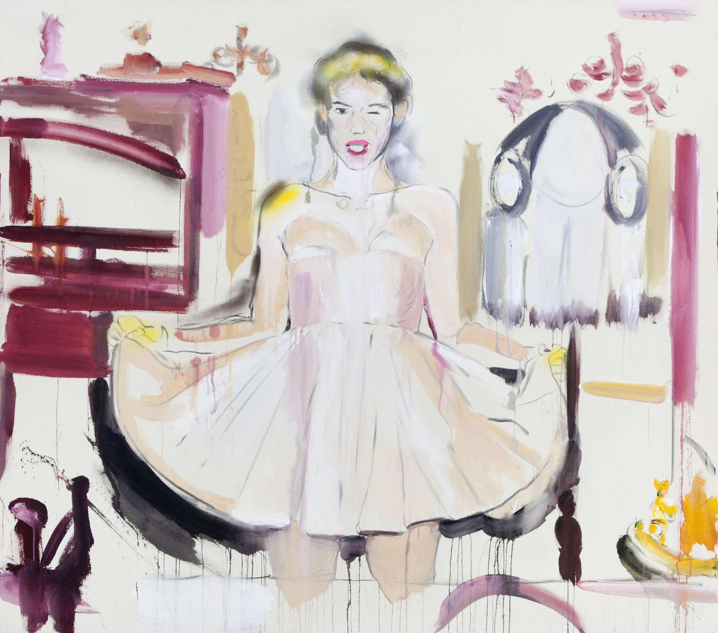 Pink Dress, 2016, acrylic, charcoal, lacker, canvas, 160 x 180 cm