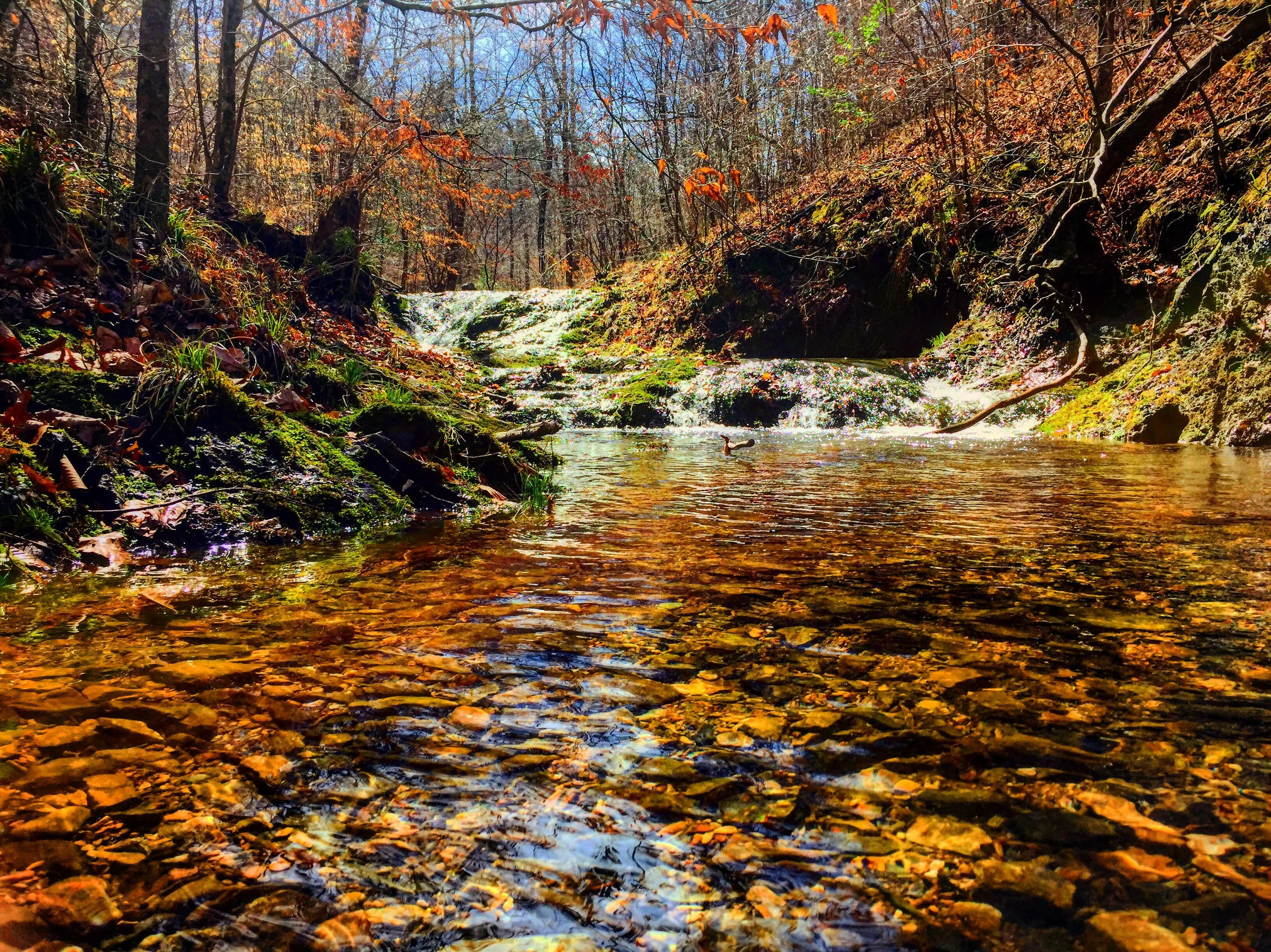 The docile waters of Crooked Creek can be difficult to cross after heavy rains.