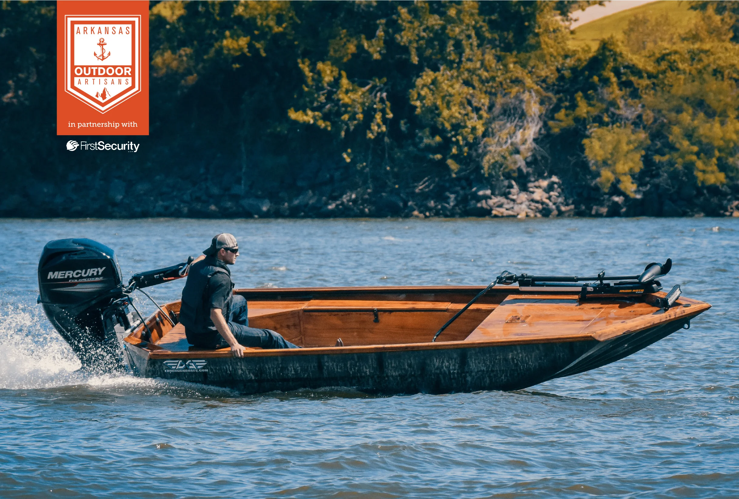 An Edge duck boat from Waco Manufacturing speeds down the Arkansas River. Each handmade boat can be customized in a number of ways, such as this model’s custom-painted interior, designed to mimic an intricate and detailed wood grain pattern.