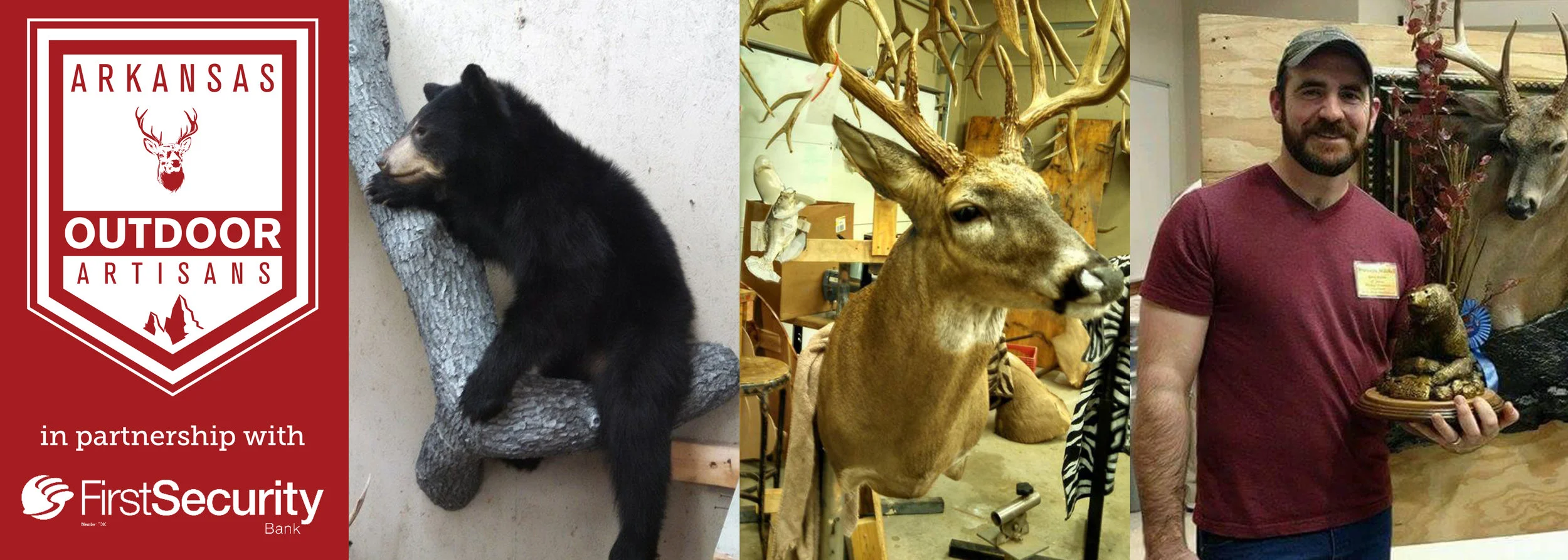 Advanced Taxidermy specializes in common mammals like bear (left) and deer (middle). Brandon Mitchell brought his taxidermy expertise from Indiana to Van Buren (right).