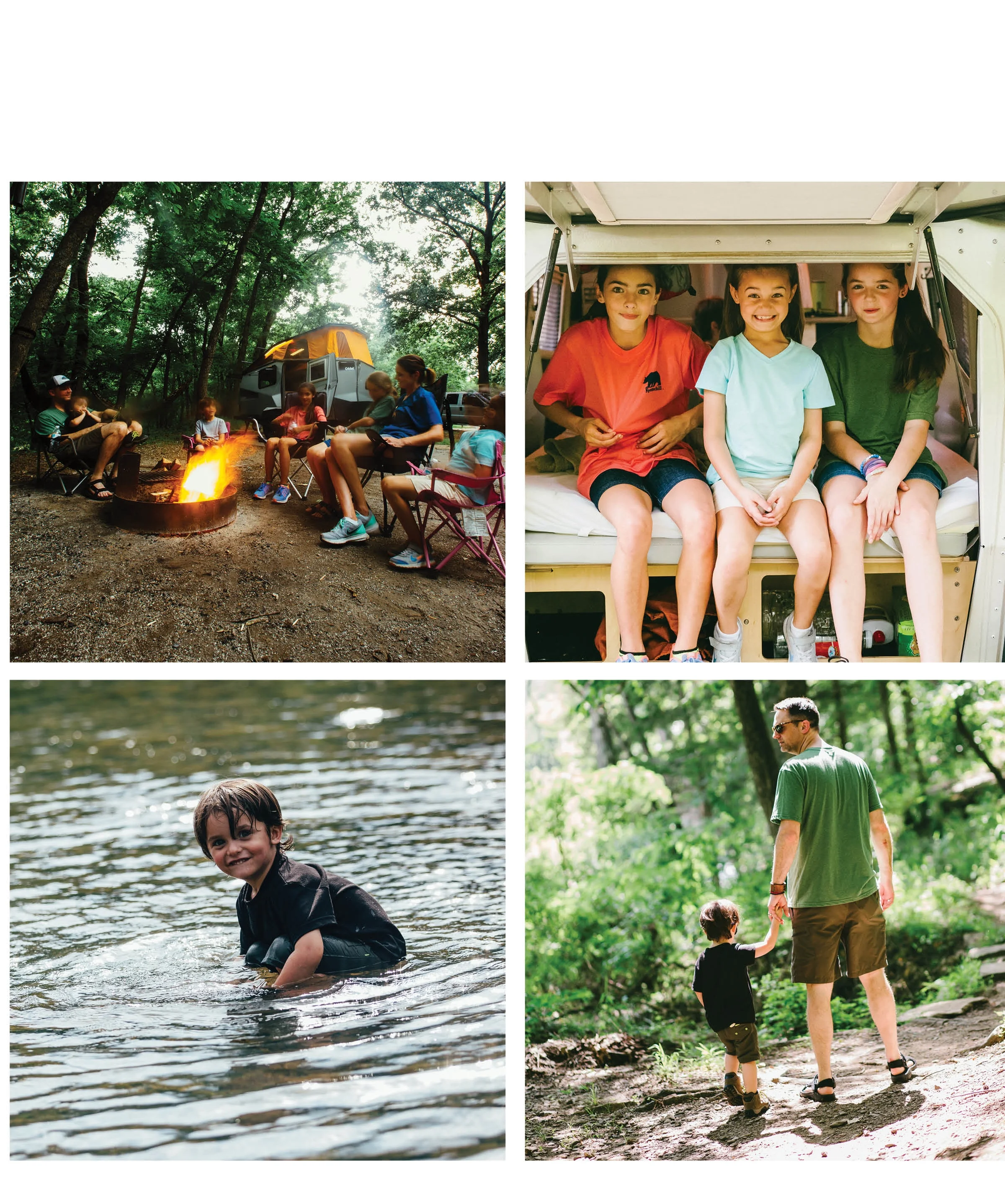 Clockwise from top left: the Collister family gathers together around a campfire for s’mores. Cade Collister leads Beckett down the Devil’s Den Self-Guided Trail. Aven, Ella and Sophia Collister chill out in the back of the family Cricket Camper. Cade Collister leads Beckett down the Devil’s Den Self-Guided Trail. Two-year-old Beckett Collister finds the waters of Lee Creek to be most refreshing. 