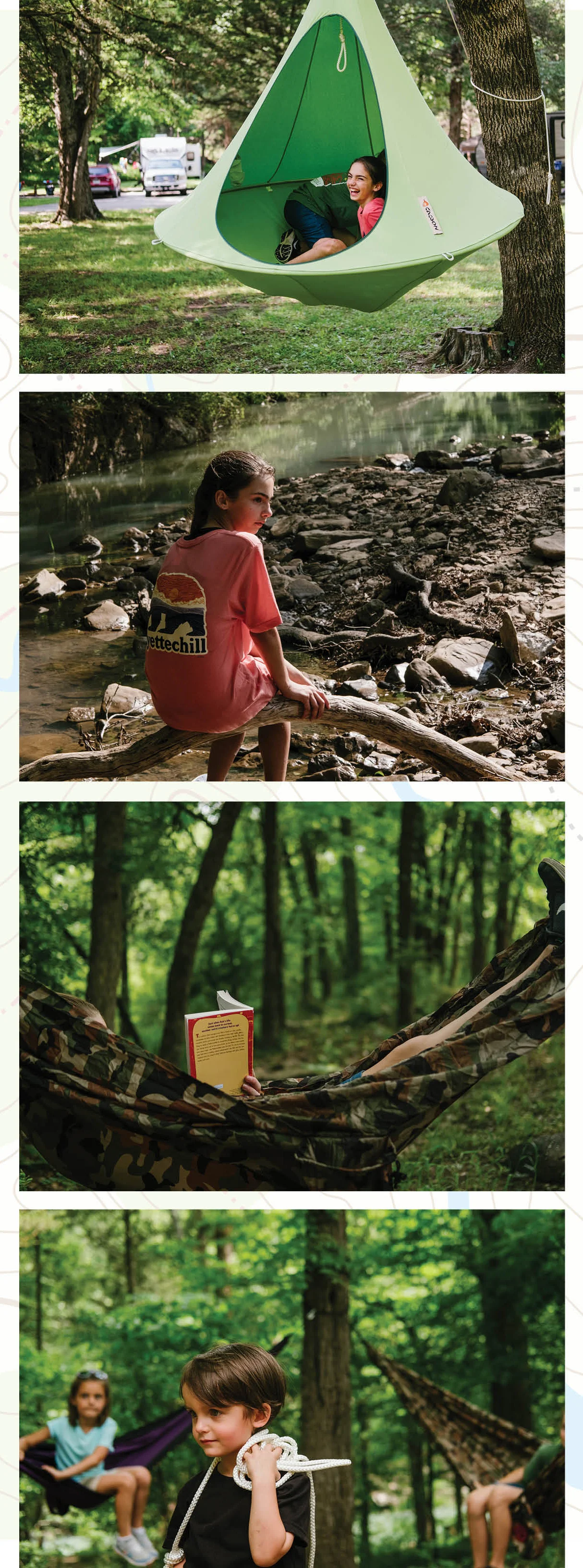 From Top: Aven laughs after vaulting into the family’s hanging Cacoon. Aven relaxes next to Lee Creek after a family hike. Sophia kicks back in one of the family’s two hammocks with a book. The entire family pitched in to make camp, even two-year-old Beckett.
