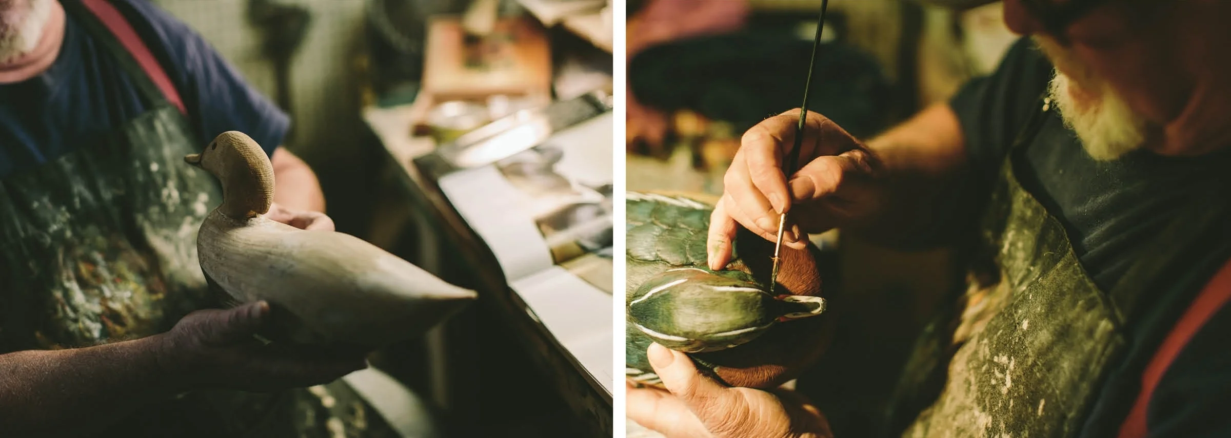 Clockwise from top left: RD holds a duck that’s ready to have detail carved in. The next step after painting is to add finishing touches. The eyes are a key element to creating a lifelike carving. 
