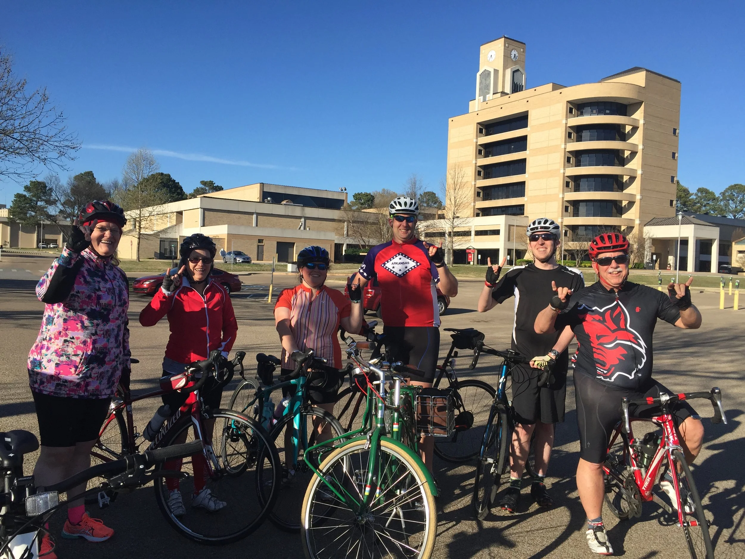 Partly to encourage more students to utilize campus routes, Arkansas State faculty and staff come out for a casual “Red Wolves Roll” each Friday evening around the campus. The slow-paced social ride welcomes newcomers to use the campus’ Pedestrian and Cyclists Path trail system along with the lower traffic roads near the A-State campus.