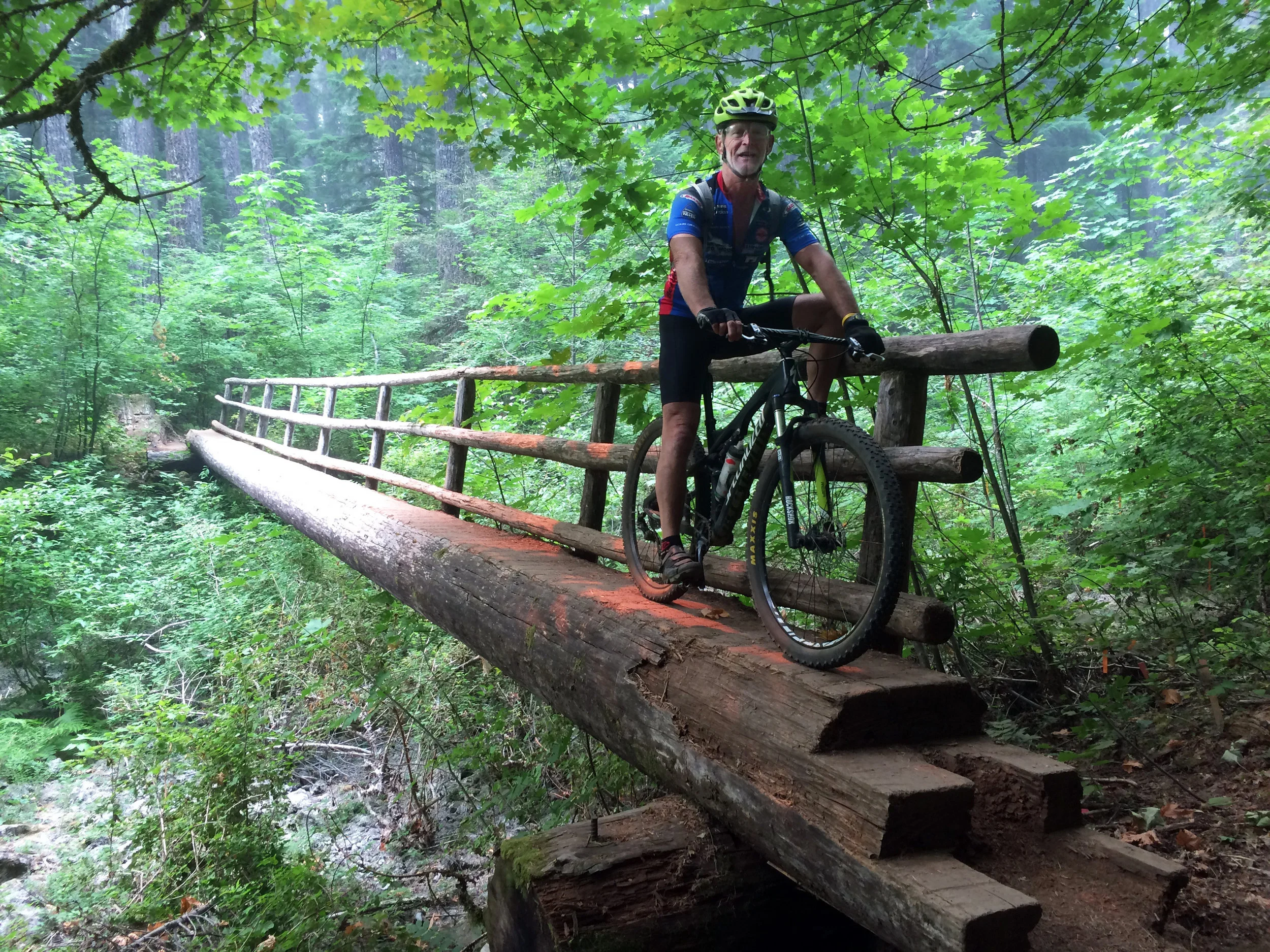 Bob Robinson, author of three bicycle guidebooks, crosses one of several single log bridges that crossed lower wetland areas on the McKenzie River Trail.