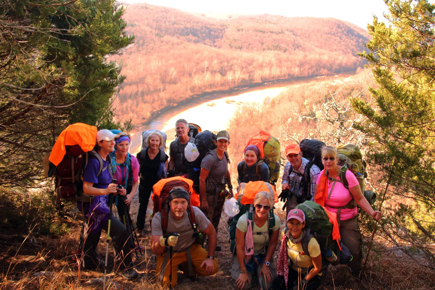 Our hiking group poses on Kimball Bluff with an unobstructed view of the Buffalo River.