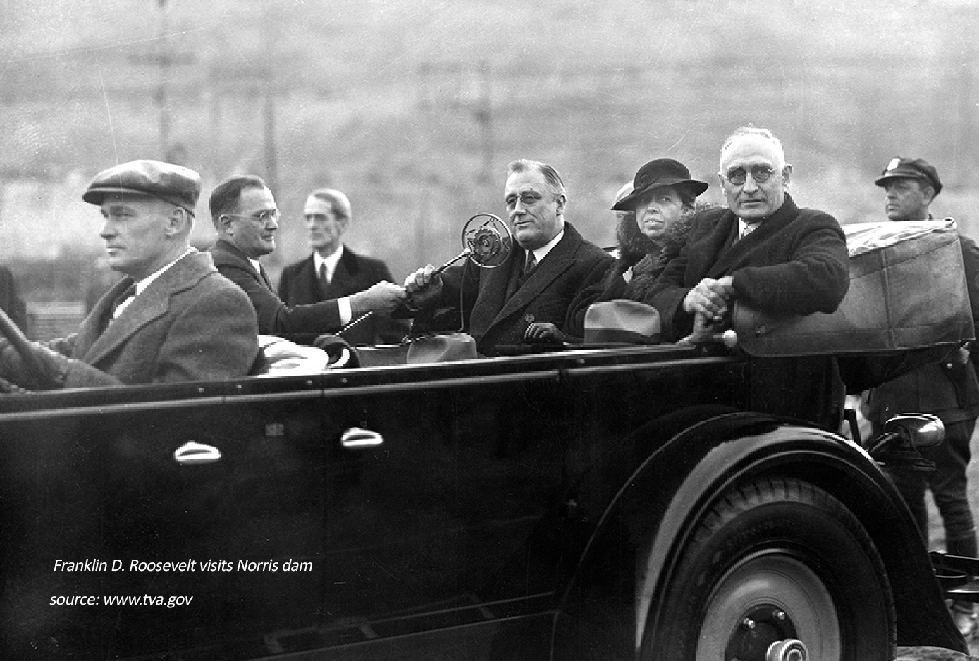Arthur E.Morgan accompanies President and Mrs. Roosevelt on a visit to the Norris Dam, Andersonville, TN, November 17, 1934