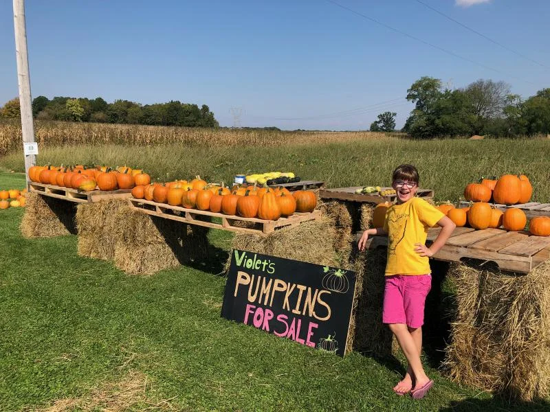 Violet Alexander sells pumpkins she raised on her family's farm. Her parents, Ryan and Melissa, are part of a new generation of young farmers in Ohio. COURTESY OF RYAN AND MELISSA ALEXANDER