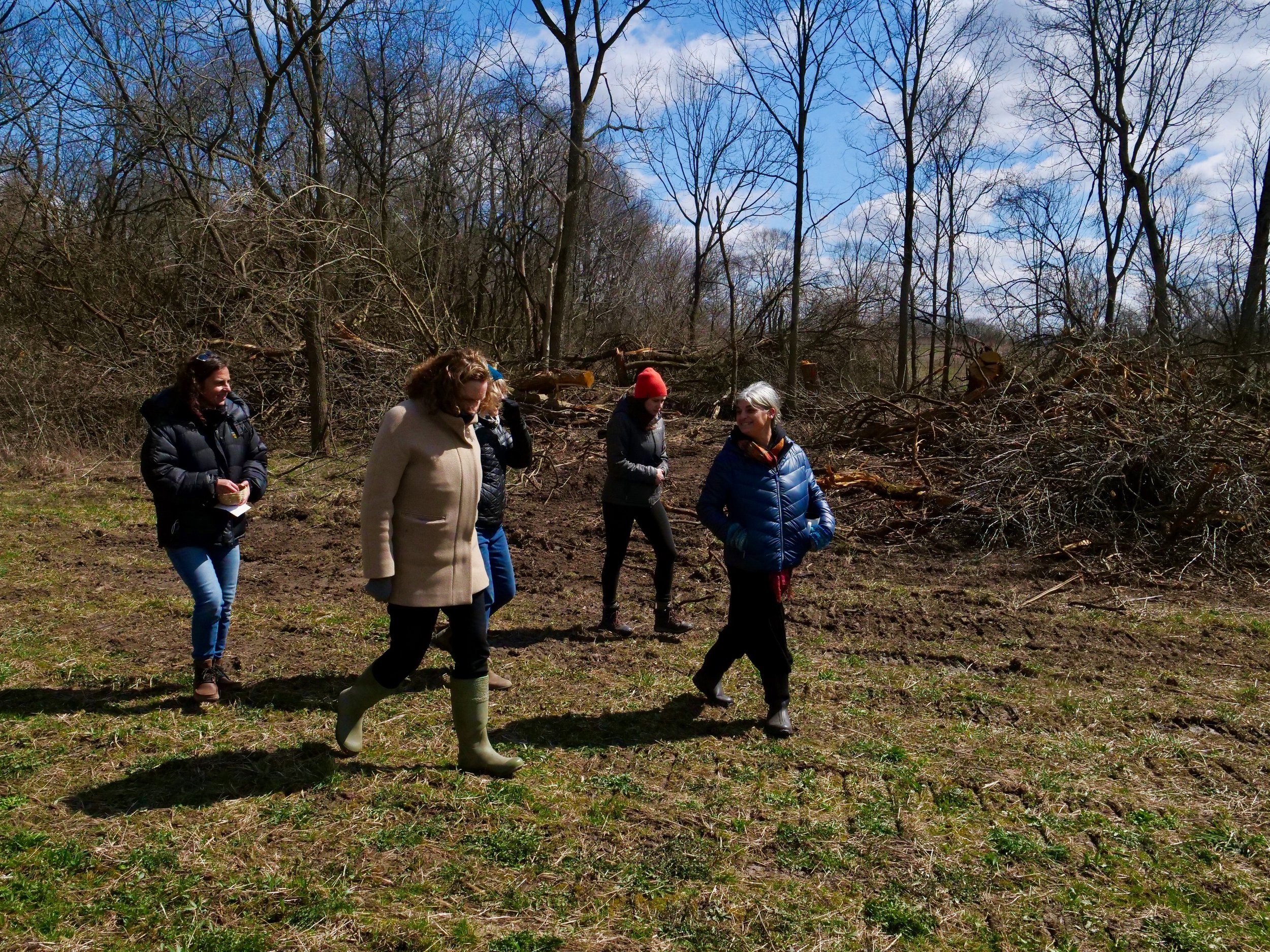  Agraria staff visit the Jacoby Creek for a gratitude ceremony for the fallen trees on Monday, March 28. Pictured are, from left, Emily Foubert, Susan Jennings, Amy Harper, Alex Klug and Amy Chavez. 