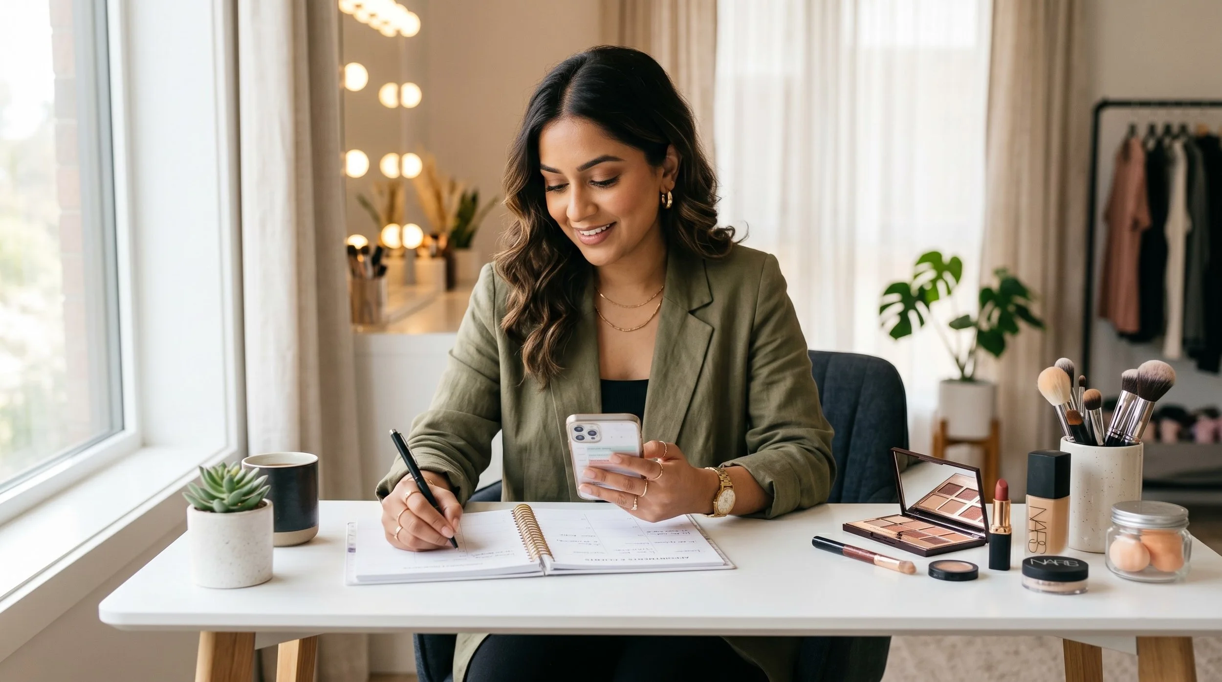 Makeup artist reviewing booking calendar at styled desk with beauty products.jpeg