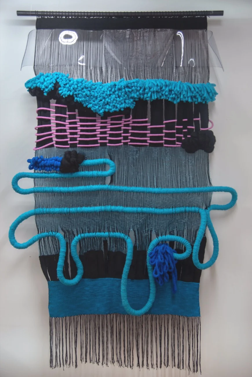  Tidal Rhythms, 2018  Description: Handwoven/Mixed Media  Materials: PVC, plastic, rope, cotton, wool  Size: 90”x60”x9” 