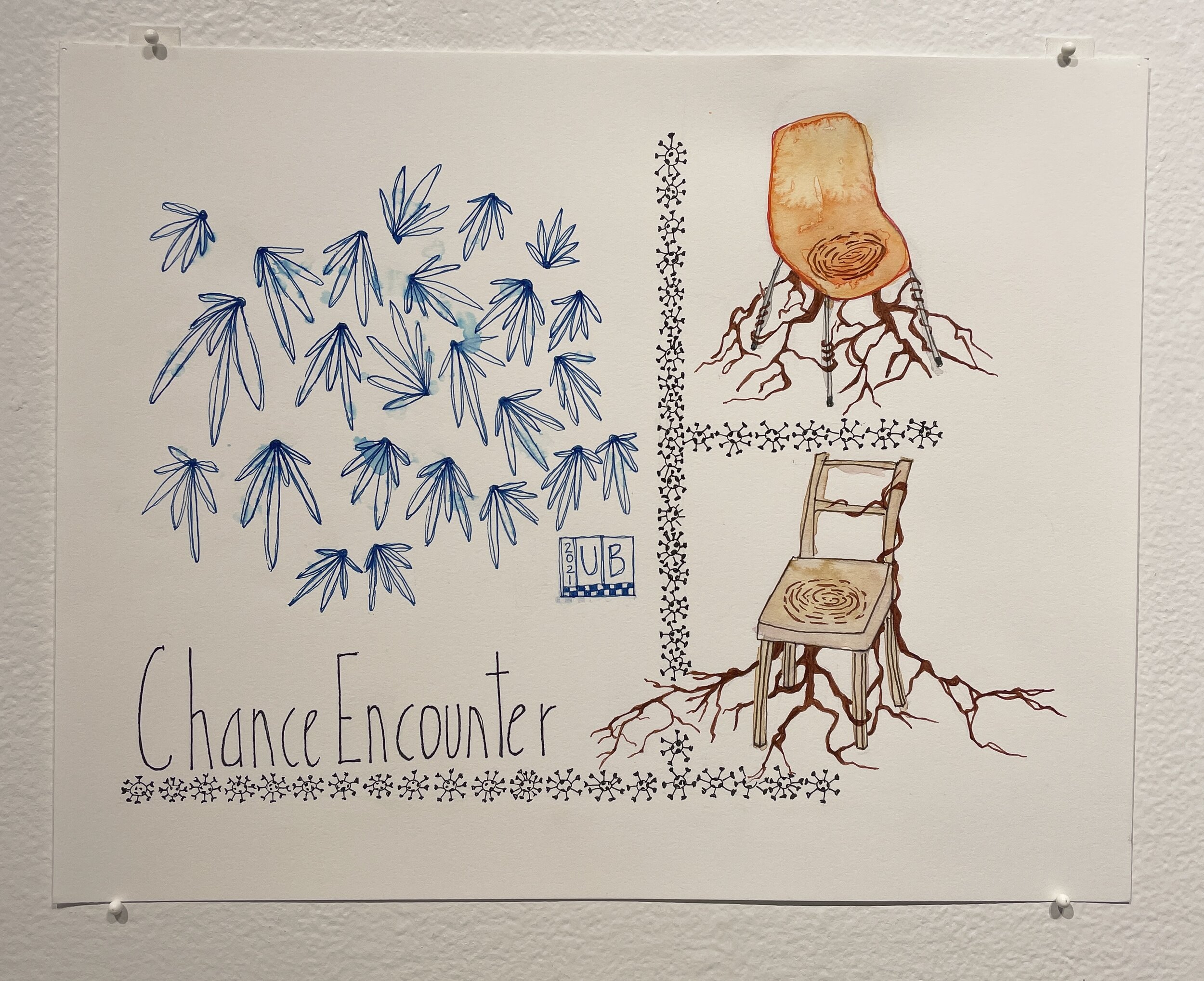 Chance Encounter Watercolor, pen and pencil on paper 2021 14” x 11”