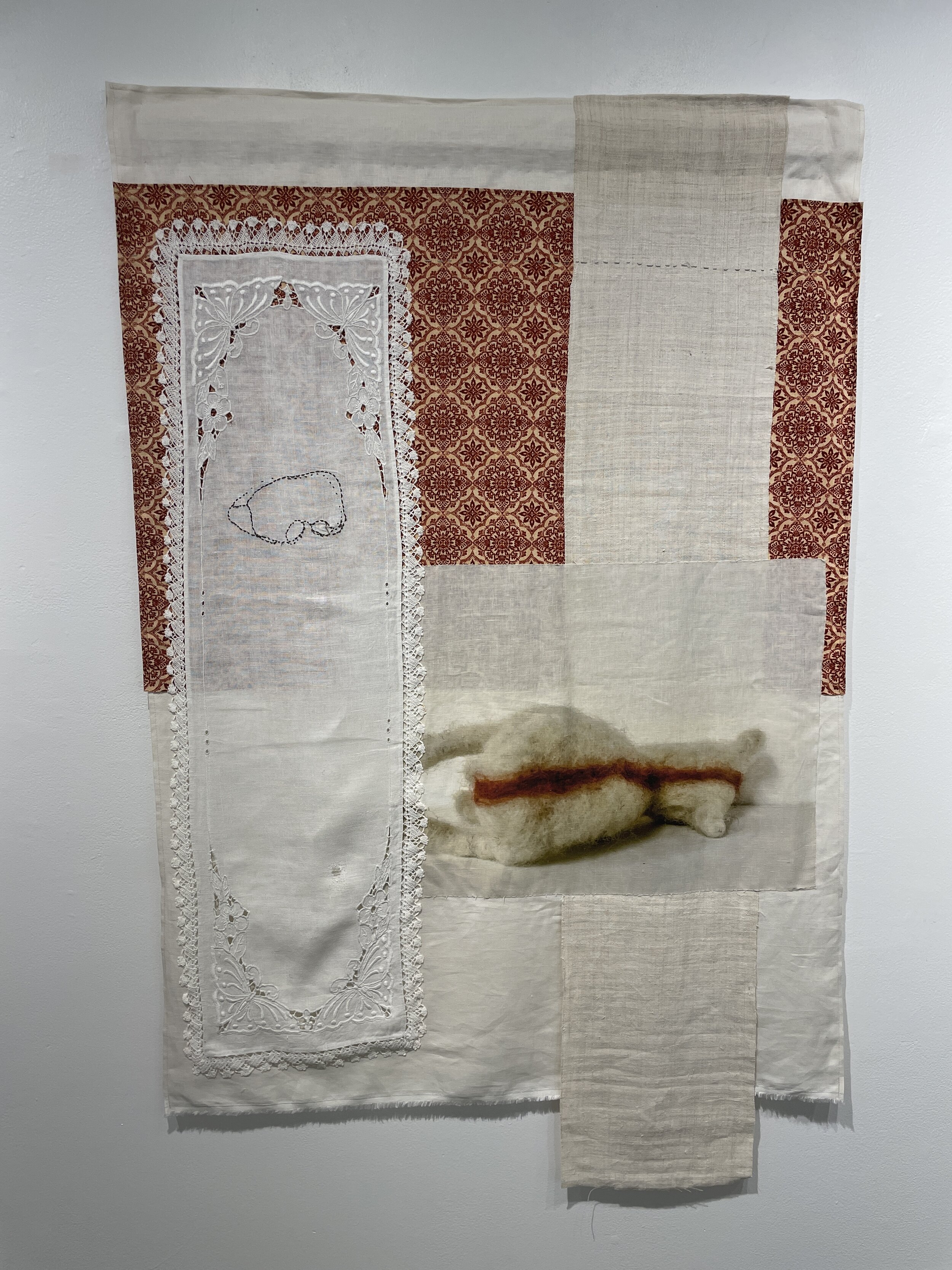   Domestic Thread: Offering &nbsp;  Archival ultrachrome prints on linen, embroidered linen table runner, assorted fabrics, thread  2019  36”x 52”&nbsp;  36”x 52”&nbsp;               