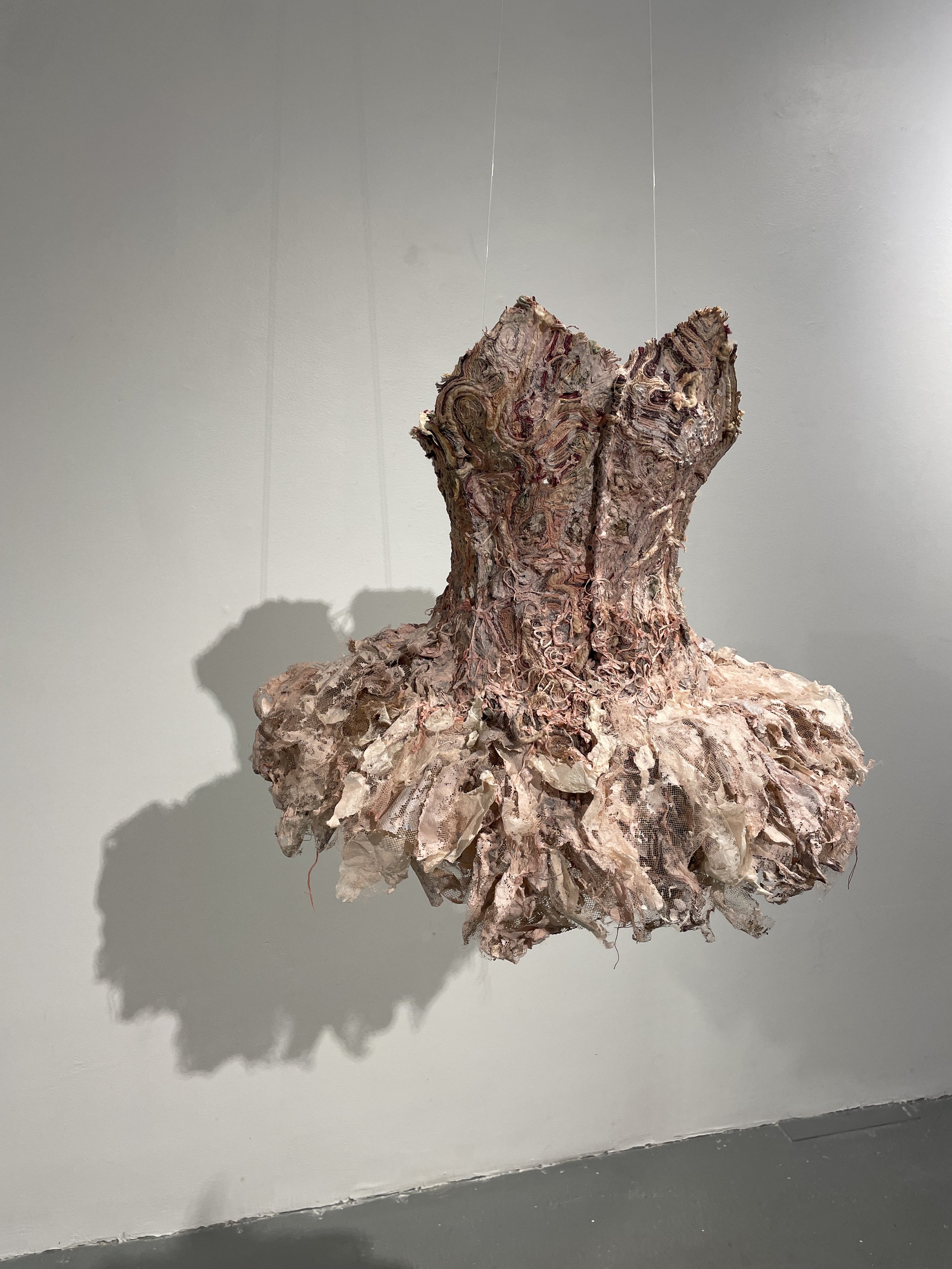  Sonja Czekalski   Tiny Dancer   Dress &nbsp;  2020&nbsp;  Handmade gampi paper fabric, steel wire, tulle, yarn, embroidery thread, adhesive, flax, abaca, and kozo paper pulp, black walnut dye, seaweed, red wine, and watercolor. 