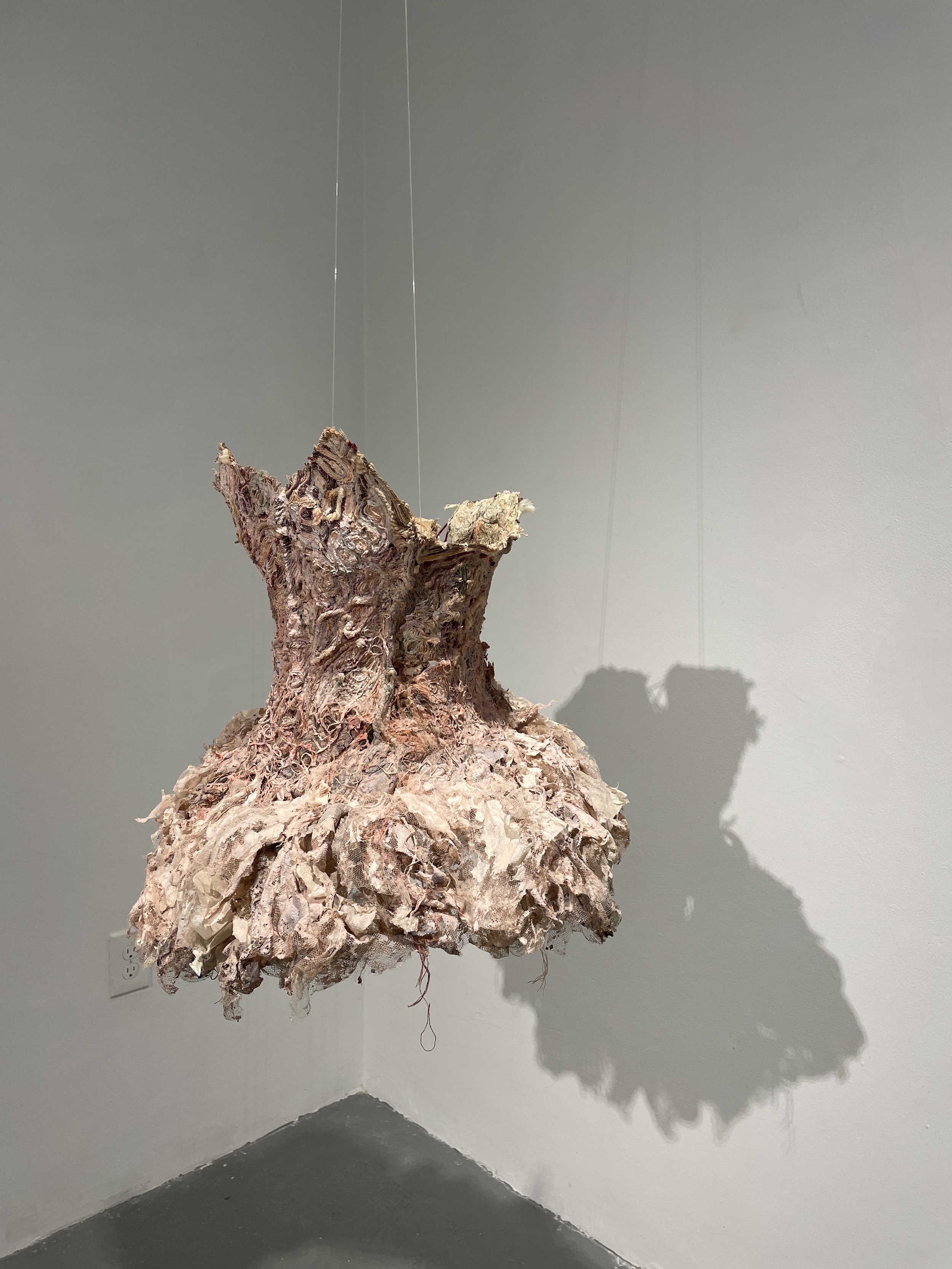  Sonja Czekalski   Tiny Dancer   Dress &nbsp;  2020&nbsp;  Handmade gampi paper fabric, steel wire, tulle, yarn, embroidery thread, adhesive, flax, abaca, and kozo paper pulp, black walnut dye, seaweed, red wine, and watercolor. 