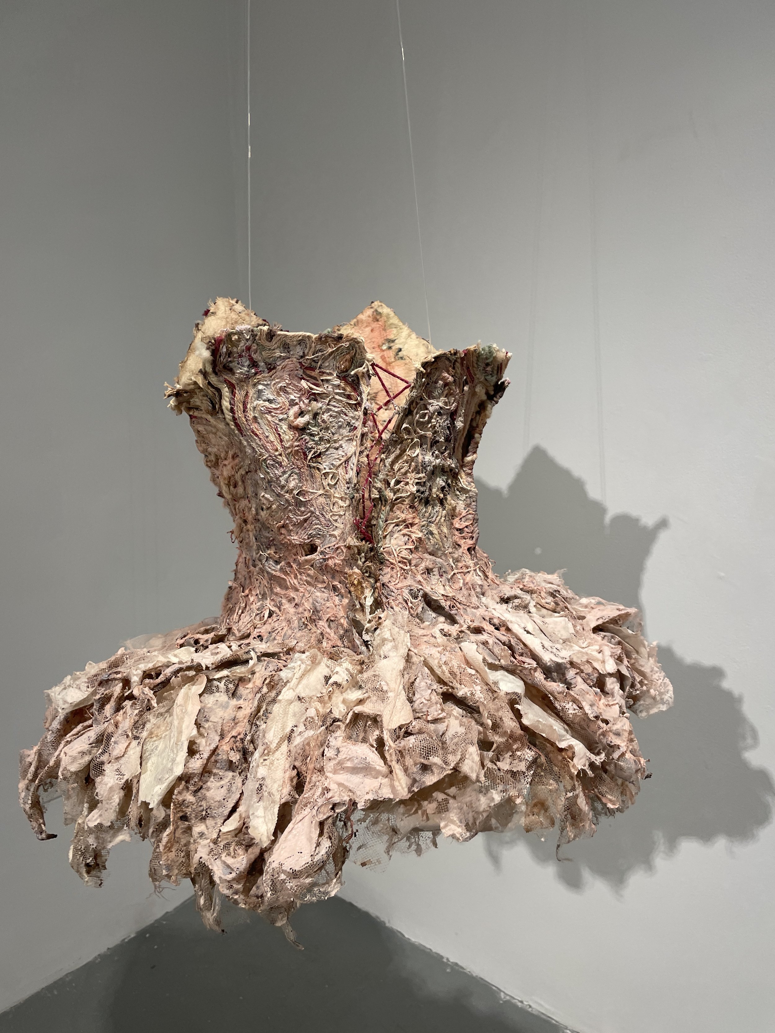  Sonja Czekalski   Tiny Dancer   Dress &nbsp;  2020&nbsp;  Handmade gampi paper fabric, steel wire, tulle, yarn, embroidery thread, adhesive, flax, abaca, and kozo paper pulp, black walnut dye, seaweed, red wine, and watercolor. 