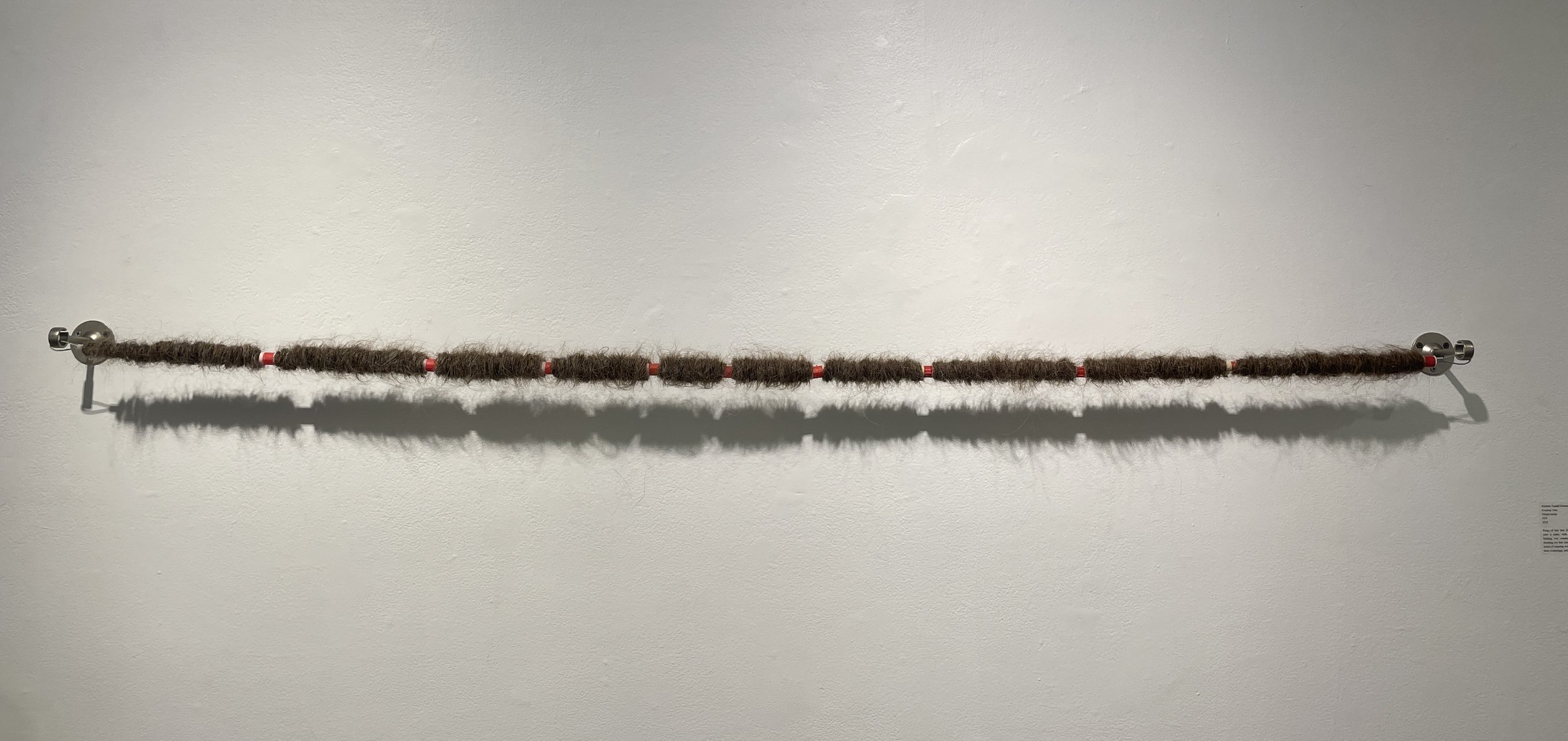  Michele Fandel Bonner, MA&nbsp;   Keeping Time&nbsp;   Mixed media  NFS  2022  &nbsp;  Rings of hair that fall out naturally are strung onto a cable, with each year marked by a knitting row counter. It is a literal timeline showing my hair turning w