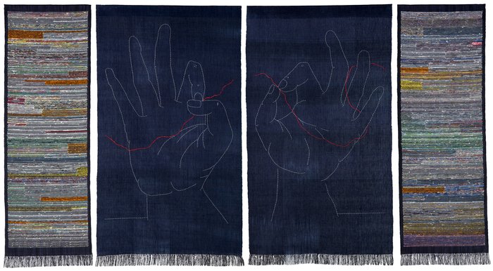  Sarah Haskell, ME   Well Used, Well Loved   Hand dyed woven linen, handspun paper brocade, cotton thread  $12,000.00  2017  &nbsp;  A Community Art Project that explores age, beauty, attachment and impermanence through a dish towel and reflective wr