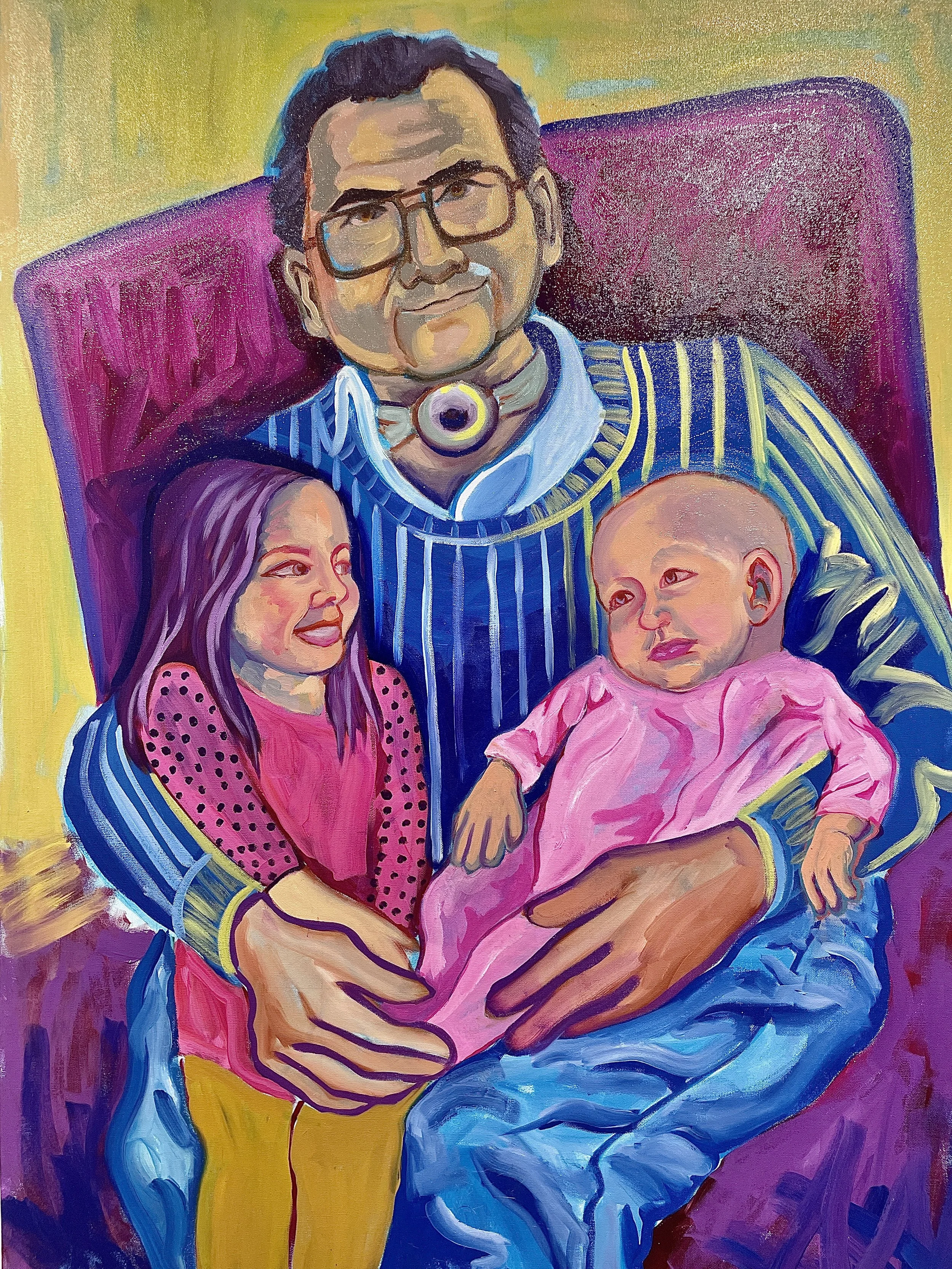  Laura Lee Brady, RI   Papa and the Girls   Oil on canvas  $800.00  2021  &nbsp;  My piece “Papa and the Girls” reflects familial bonds across generations. I created this portrait of my father, who is immunocompromised and breathes through a stoma, d