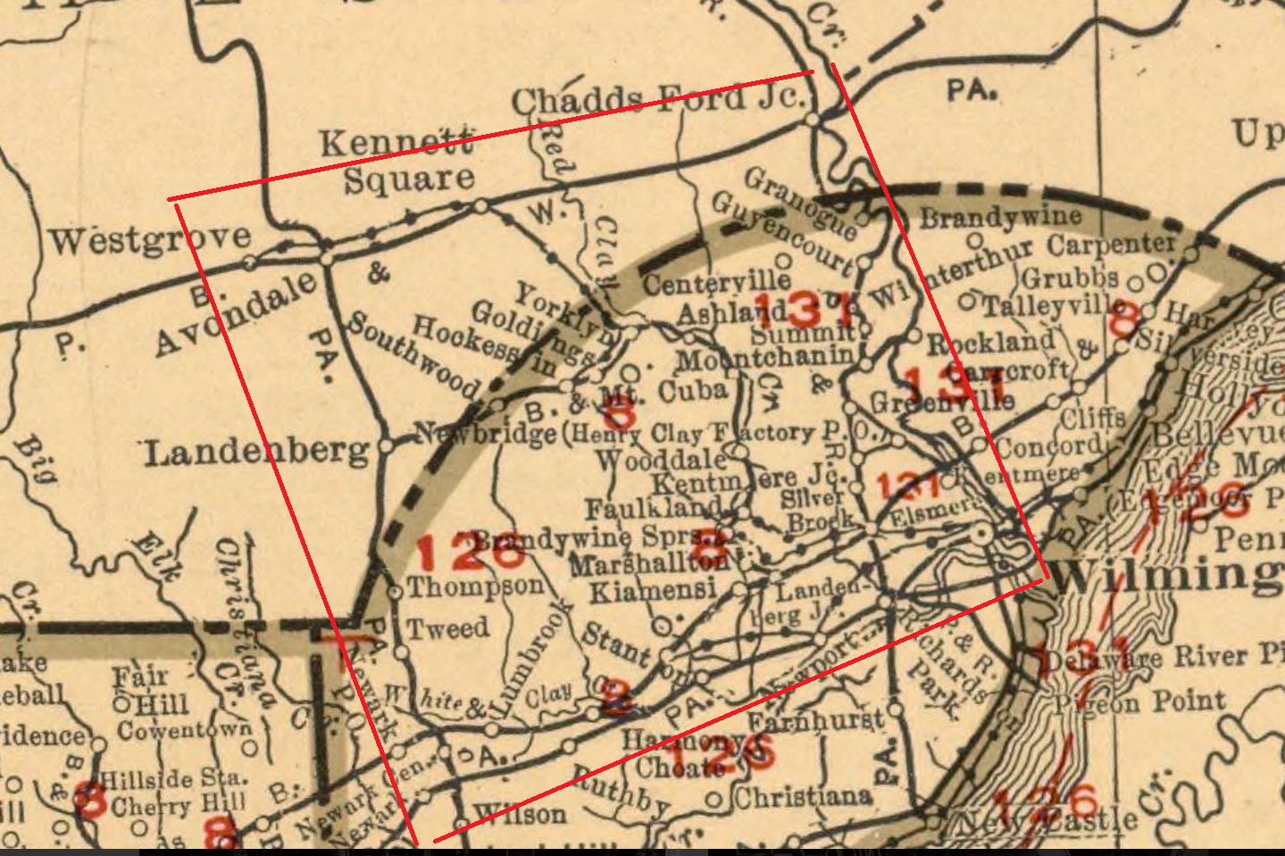 Roughly the area bounded by the red box: Chadd's Ford Junction to Avondale to Newark to Wilmington. The electric lines shown here aren't listed in the Official Guide to the Railways, so they don't get to be included.