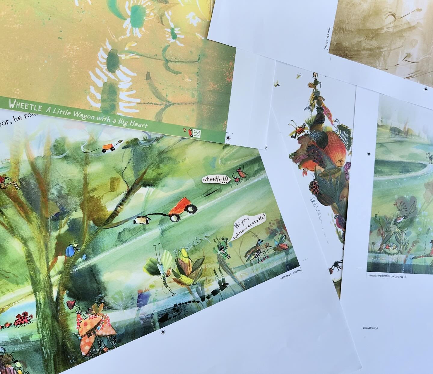 👀color proofs just arrived for my little wagon book, Wheetle! My next author-illustrated book out this Spring 🌻 more to come soon from this bug filled forest of critters and slugs and bogs and frogs 🦗🐞🐜🪲🦟 @mackidsbooks #wheetlethepicturebook