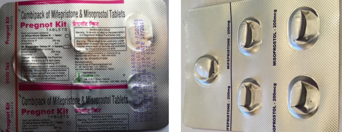 PREGNOT KIT Manufactured by Akums Drug and Pharmaceuticals Contains: 1 mifepristone tablet (200 mg), 4 misoprostol tablets (200 mcg) Quality: the mifepristone pills contained acceptable levels of active ingredient; the misoprostol pills contained low levels of active ingredient. Note: each blister bubble on the package was pricked with a pin, which could account for the low level of misoprostol content (it degrades when exposed to air) Compiled by Plan C , November 27, 2017
